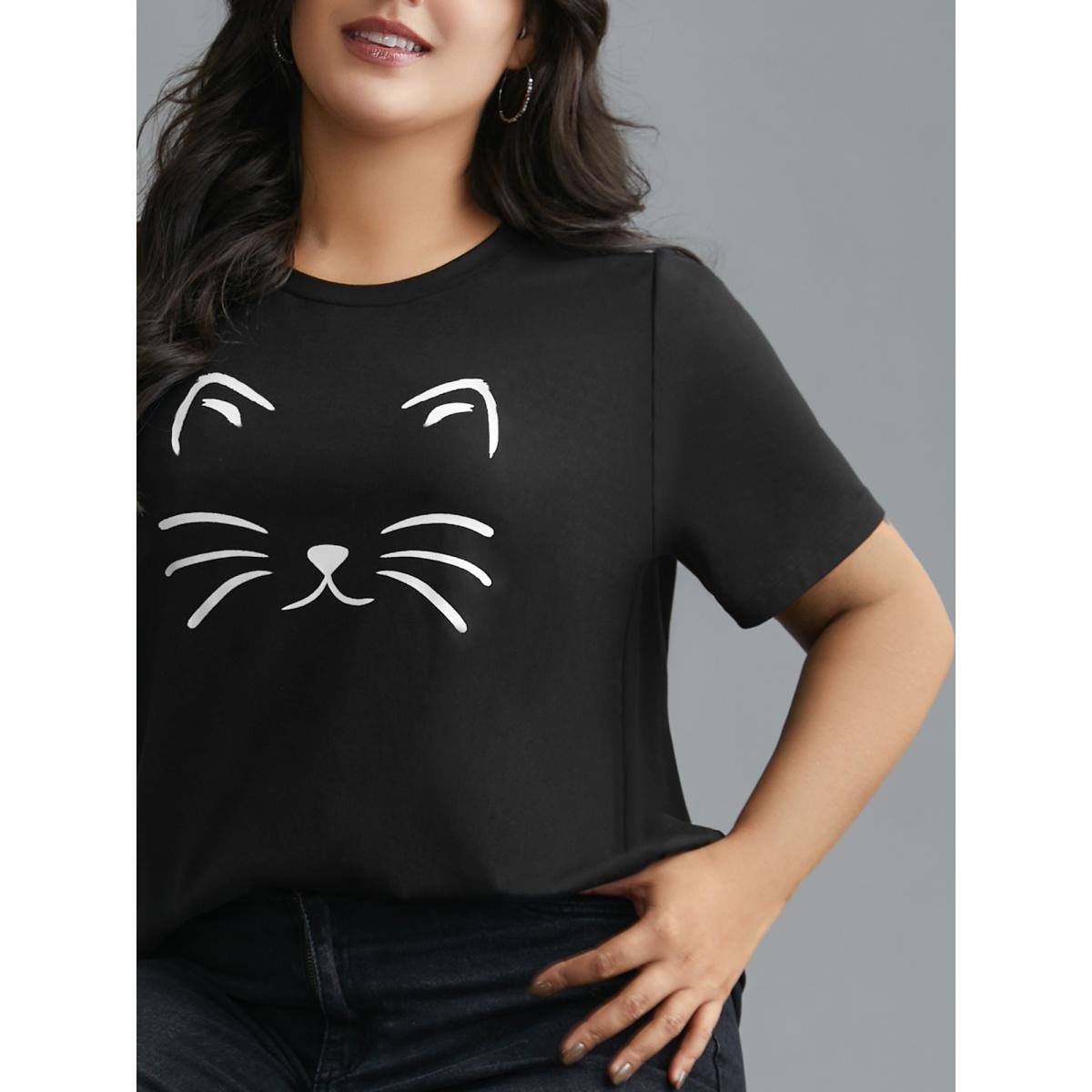 Plus Size Meow Print Round Neck Slim-Fit T-shirt Black Women Casual Non Animals Round Neck Everyday T-shirts BloomChic 30/6X Product Image