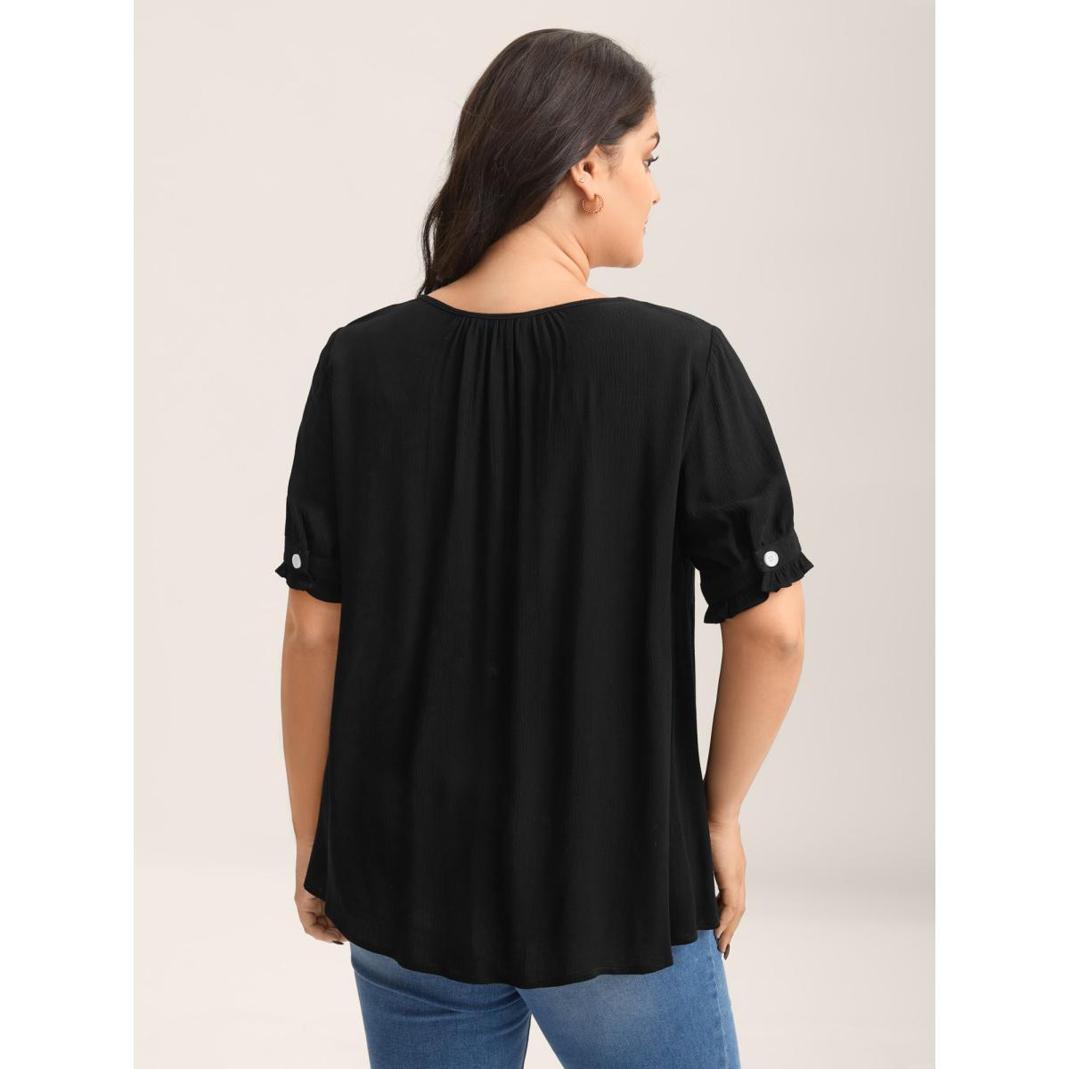 Plus Size Black Textured Button Detail Pleated Solid Top Women Short sleeve Round Neck Everyday-Elegant Blouses BloomChic 22-24/3X Product Image