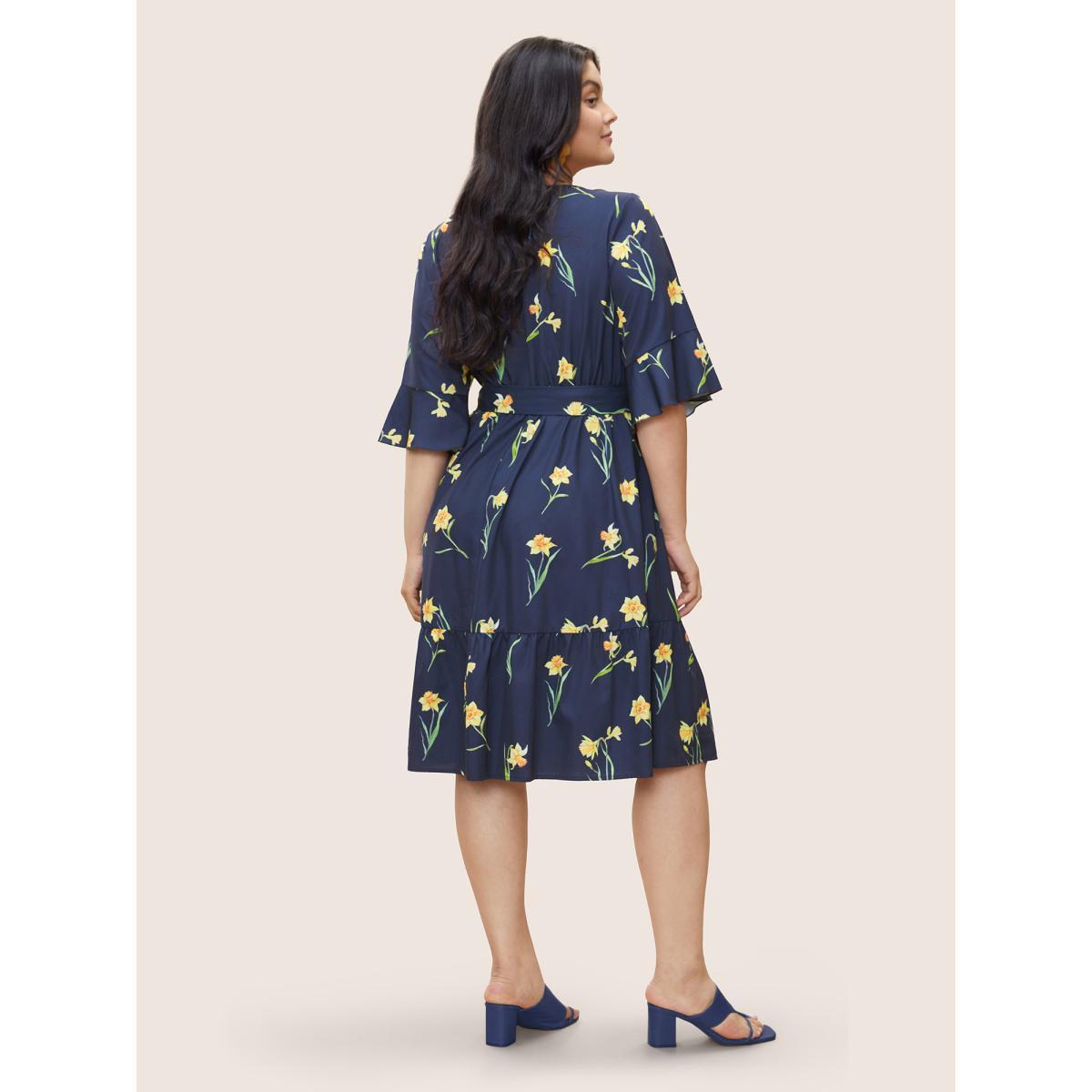 Plus Size Floral Print Belted Gathered Bell Sleeve Dress DarkBlue Women Elegant Non Round Neck Elbow-length sleeve Curvy Midi Dress BloomChic 10/M Product Image