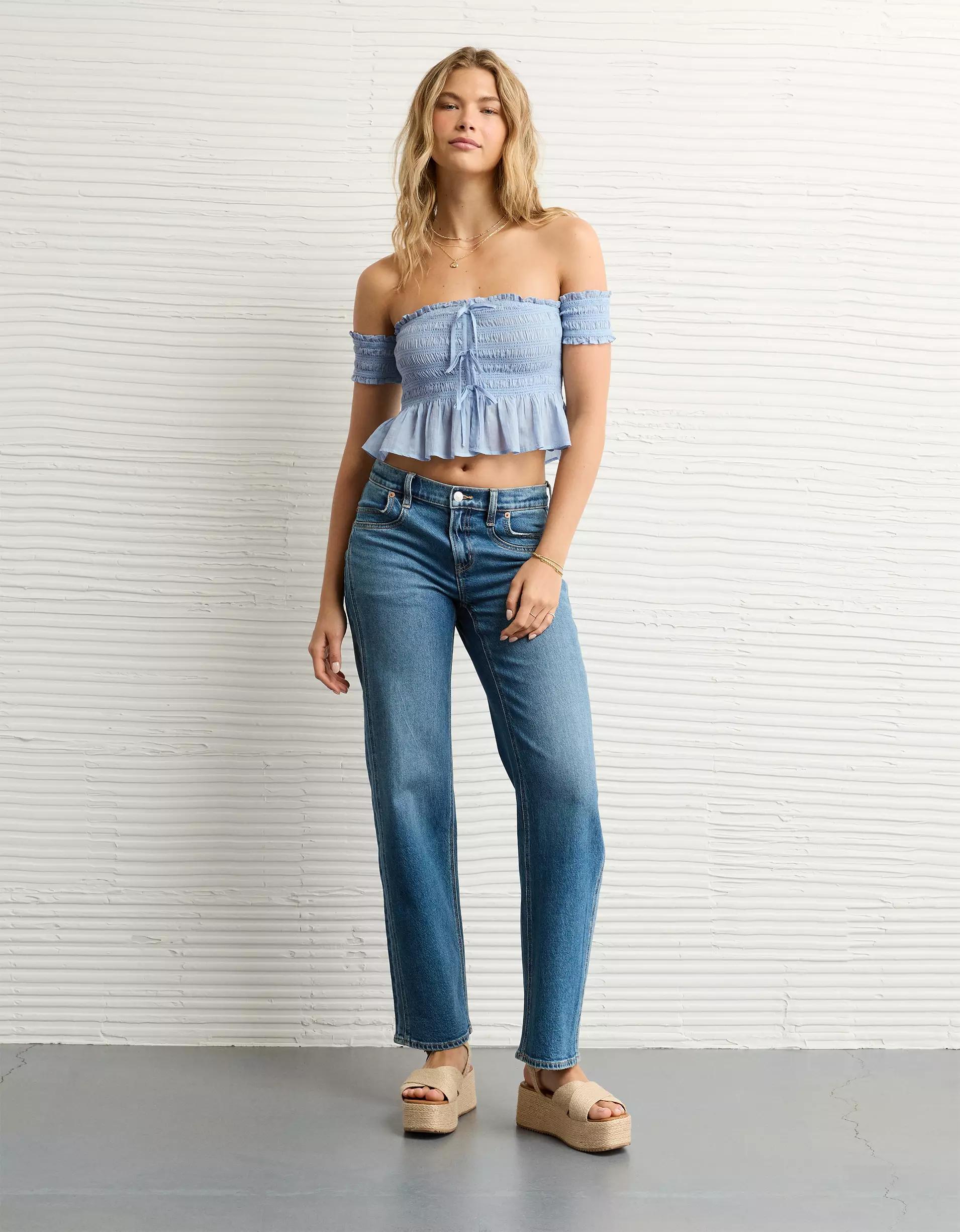 AE Off The Shoulder Smocked Tie Front Crop Top Product Image