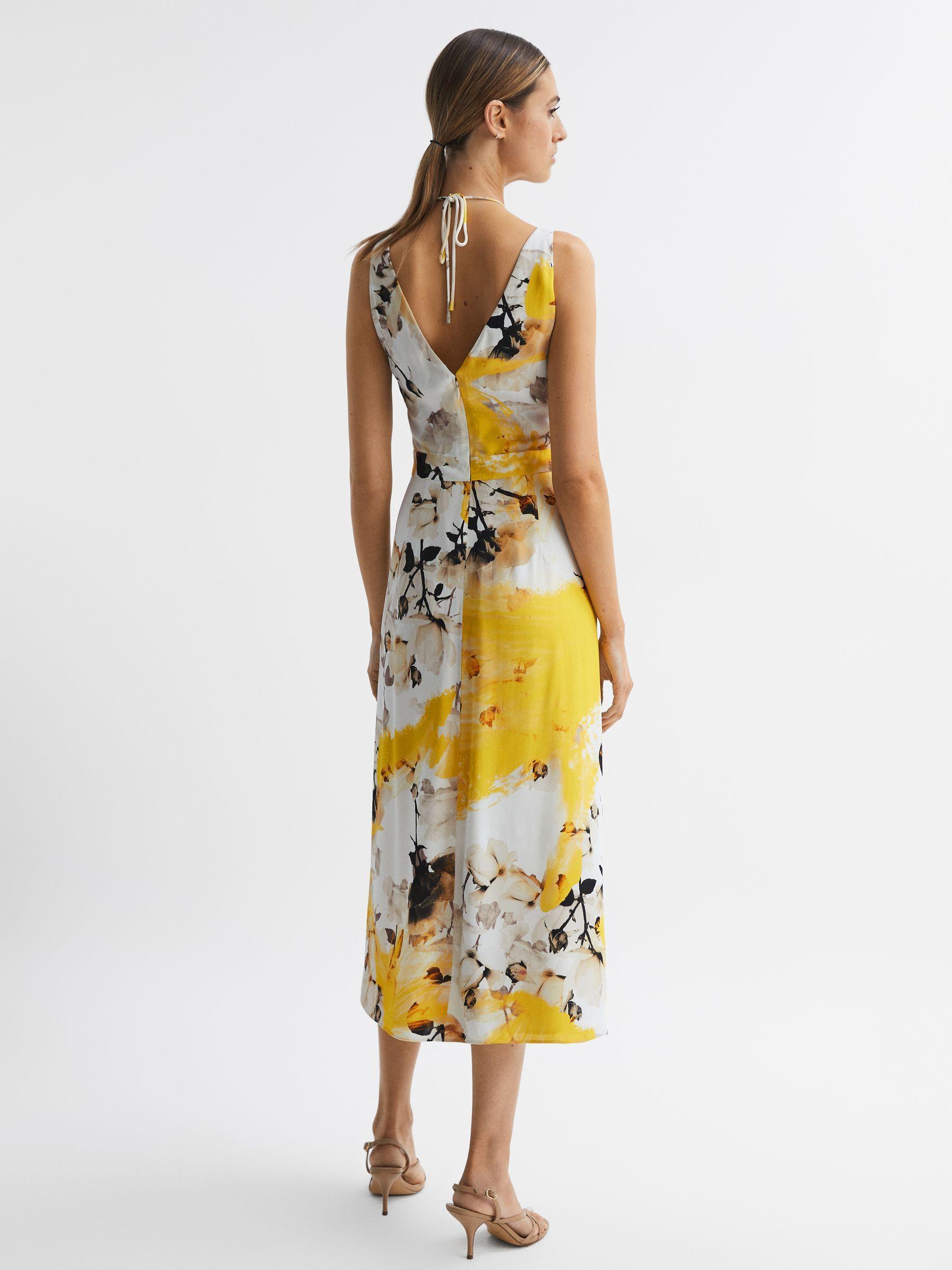 Fitted Floral Print Midi Dress in Yellow Product Image