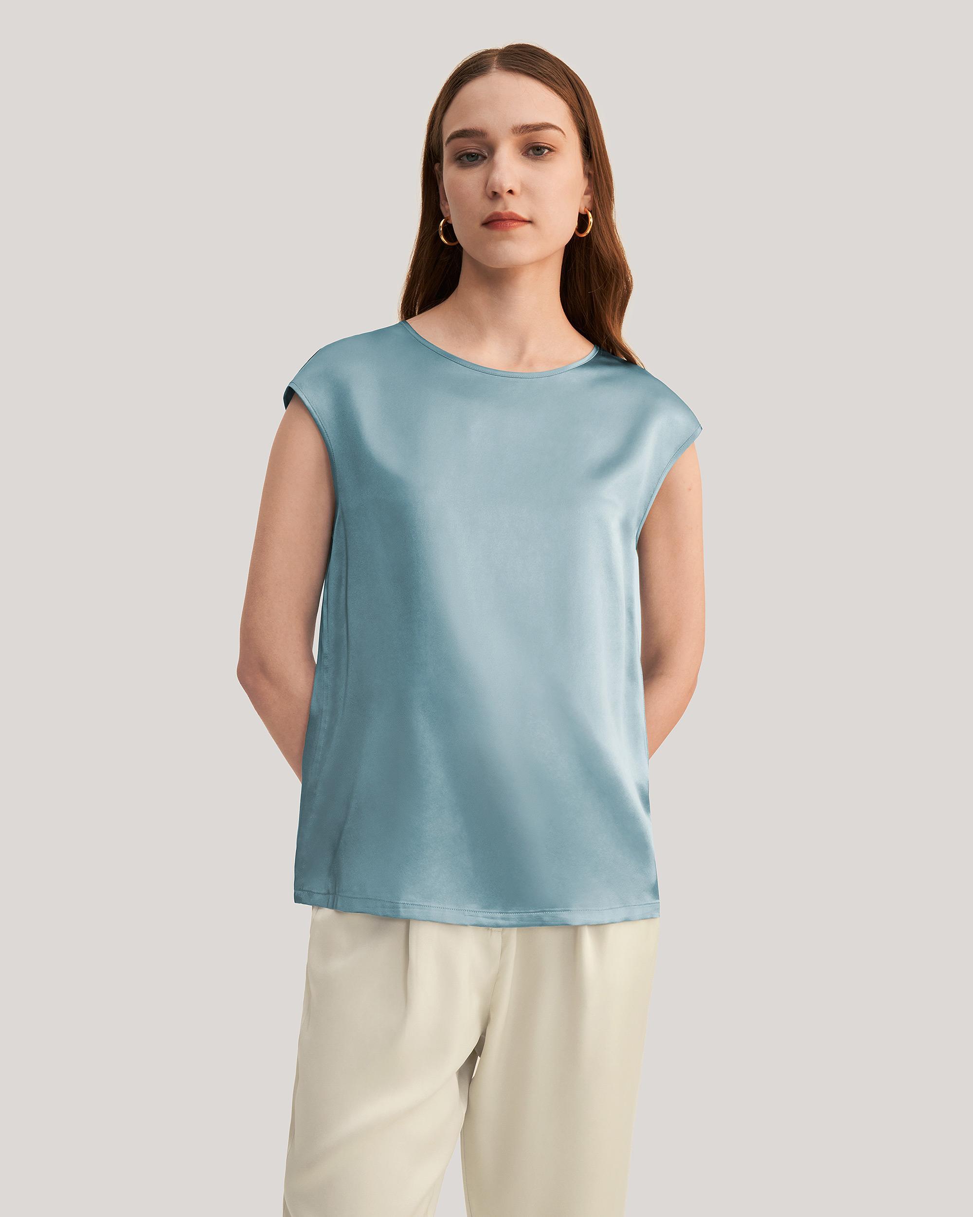 LILYSILK Silk T Shirt for Women Blue Natural Silk Smooth Basic Round Neck Free of Harmful Chemicals S Product Image