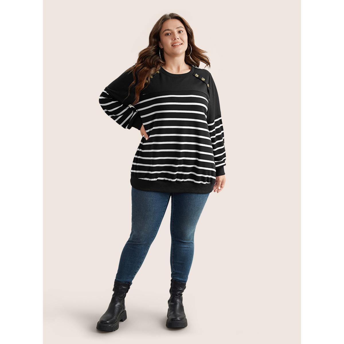 Plus Size Striped Patchwork Button Detail Sweatshirt Women Black Casual Non Round Neck Everyday Sweatshirts BloomChic 28/5X Product Image