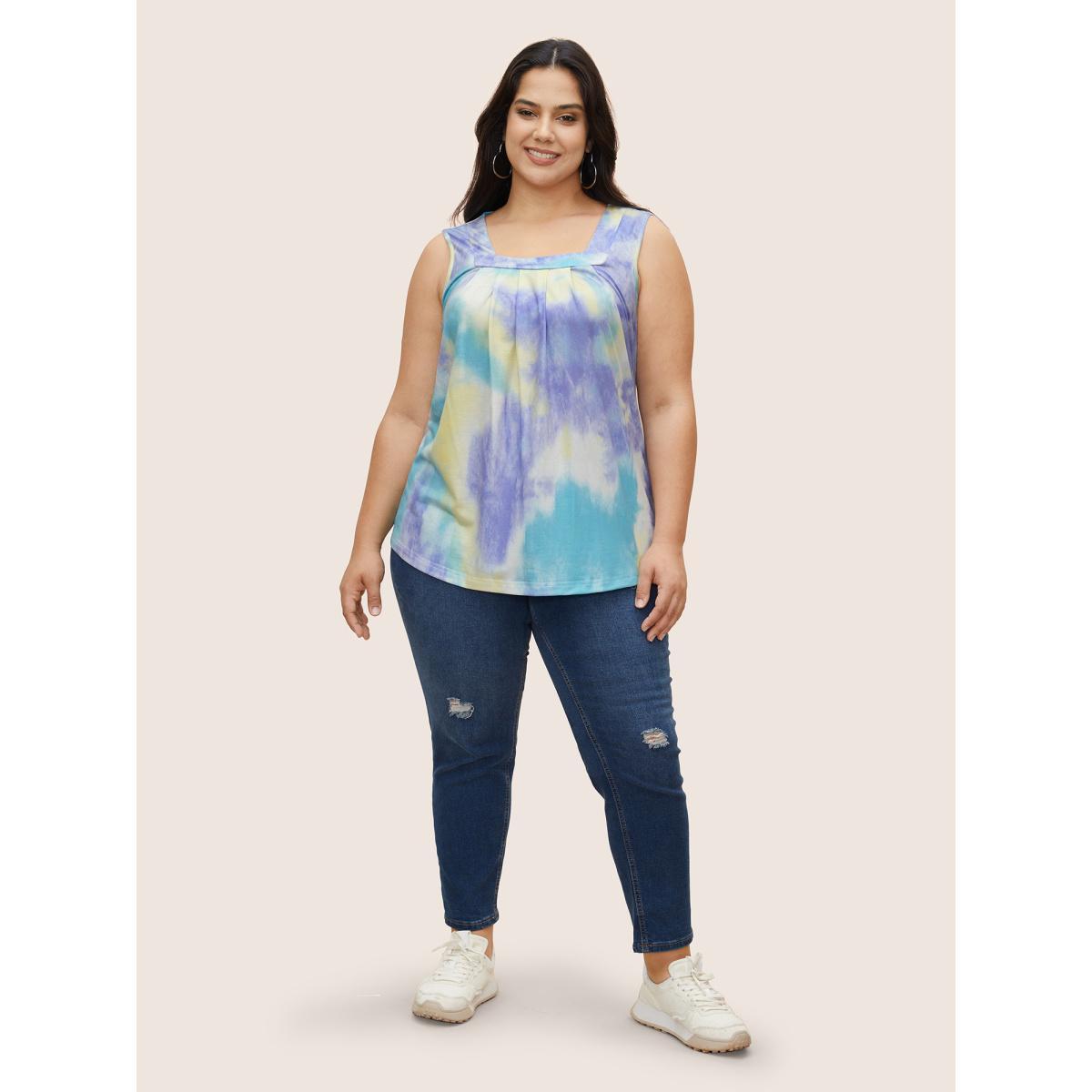 Plus Size Tie Dye U Neck Pleated Tank Top Women Multicolor Casual Contrast U-neck Everyday Tank Tops Camis BloomChic 22-24/3X Product Image