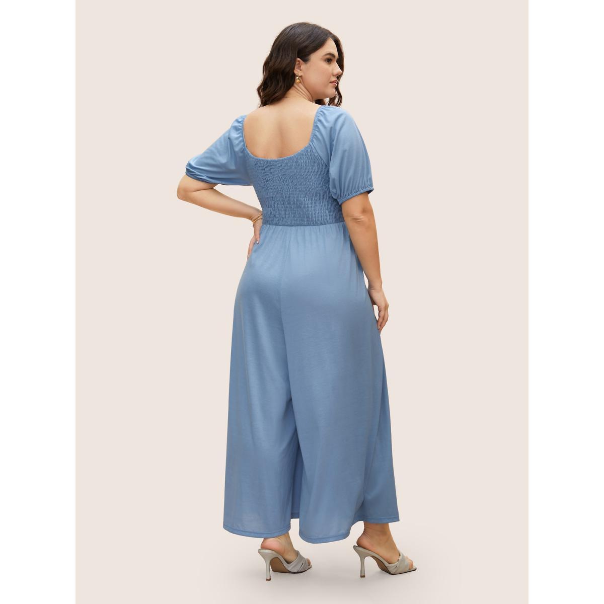 Plus Size Stone Heart Neckline Shirred Gathered Wide Leg Jumpsuit Women Elegant Short sleeve Heart neckline Everyday Loose Jumpsuits BloomChic 12/L Product Image