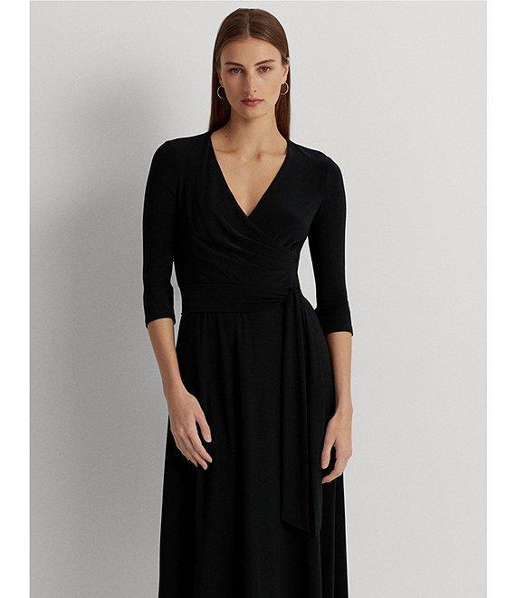 Lauren Ralph Lauren Wrap Front V-Neck 3/4 Sleeve Jersey Machine Washable Midi Dress Product Image