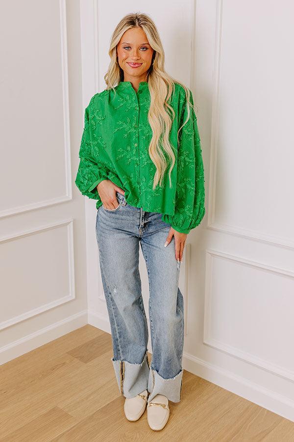 Lost In Love Embroidered Button Up in Kelly Green Product Image