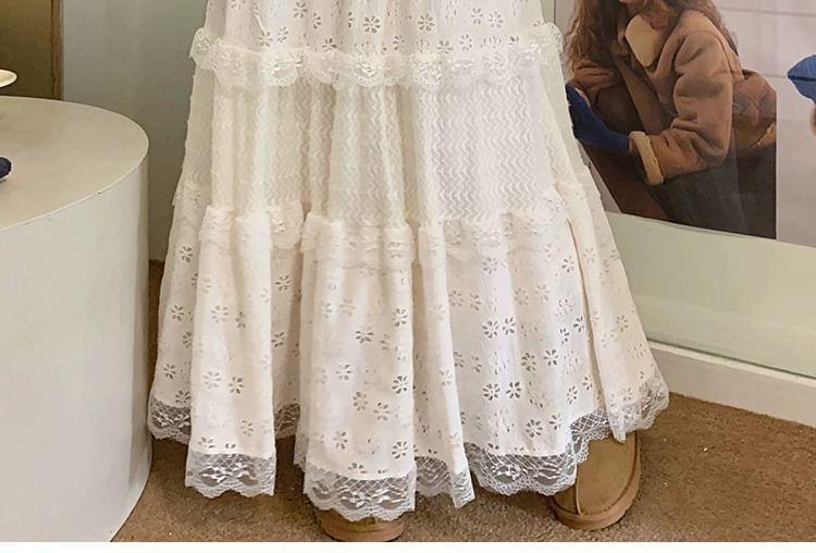 Elastic Waist Tiered Lace Maxi A-Line Skirt Product Image