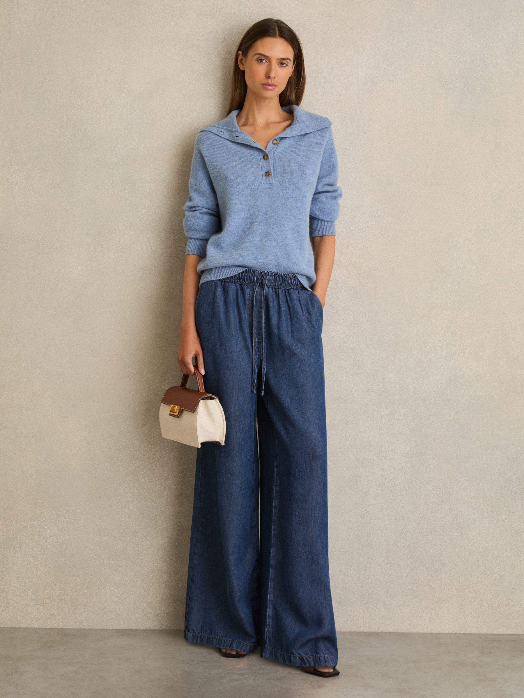 Petite Wide-Leg Chambray Drawstring Trousers in Mid Blue Product Image