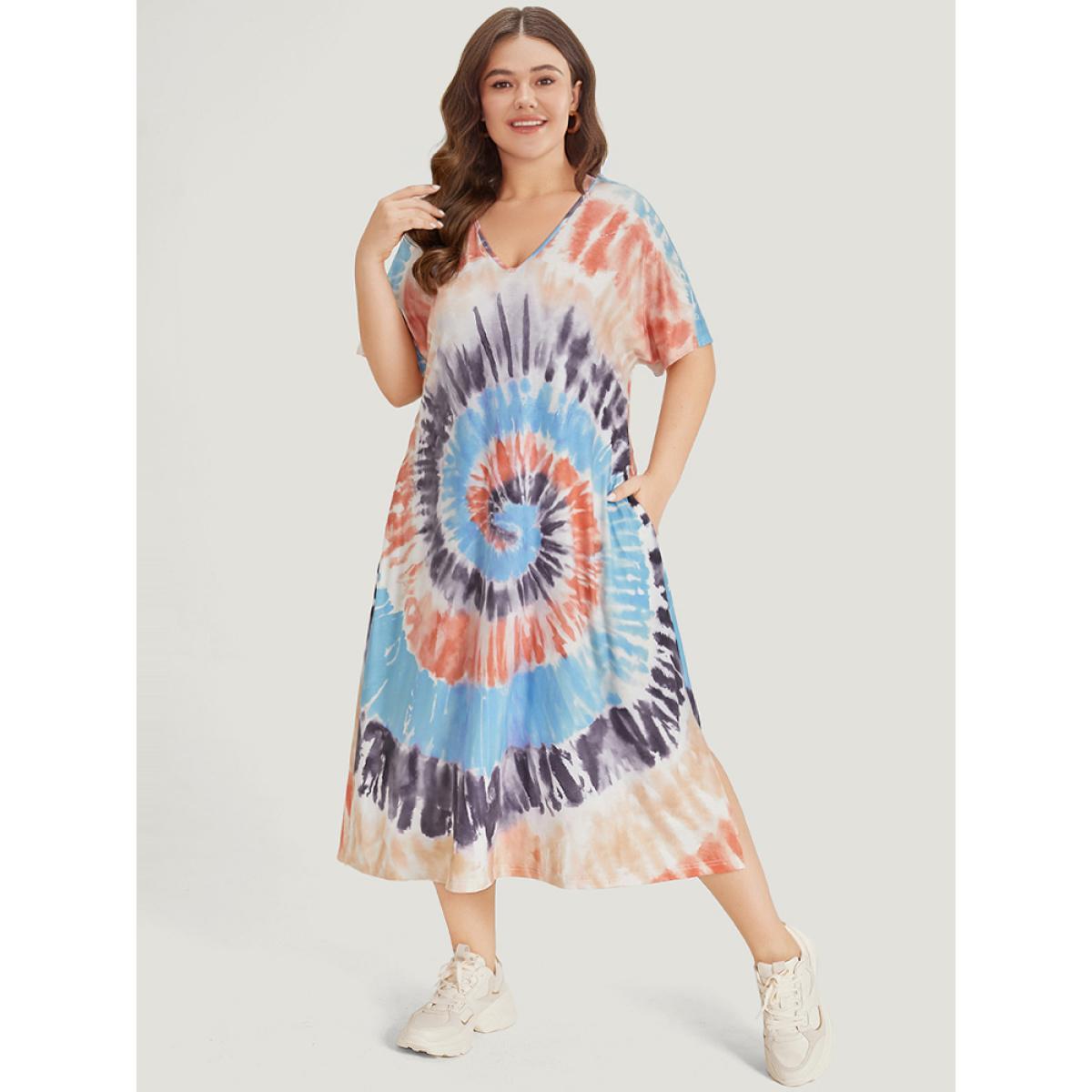 Plus Size Tie Dye Pocket Split Side Dolman Sleeve Dress Multicolor Women Casual Tie Dye V-neck Short sleeve Curvy Midi Dress BloomChic 28/5X Product Image