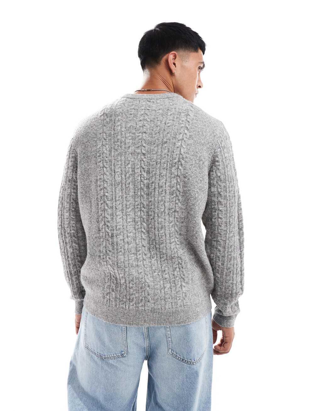 ASOS DESIGN relaxed slouchy crew neck cable knit sweater in gray heather Product Image