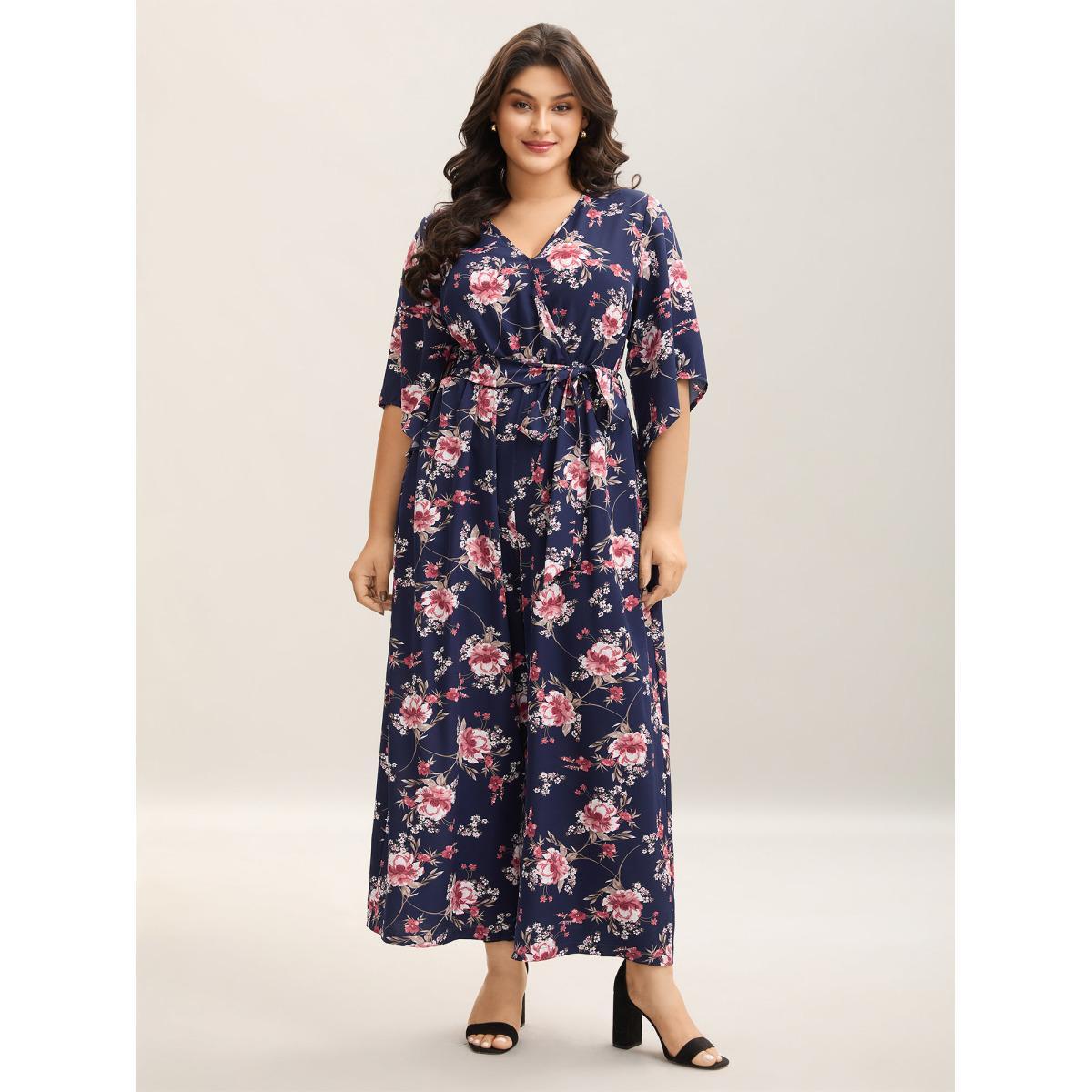 Plus Size DarkBlue Large Flower Pattern Pockets Belted Jumpsuit Women Elbow-length sleeve Overlap Collar Everyday-Elegant Loose Jumpsuits BloomChic 14-16/1X Product Image