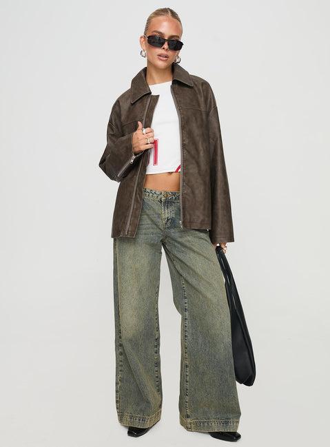 Faux Leather Collared Dad Jacket Washed Brown Product Image