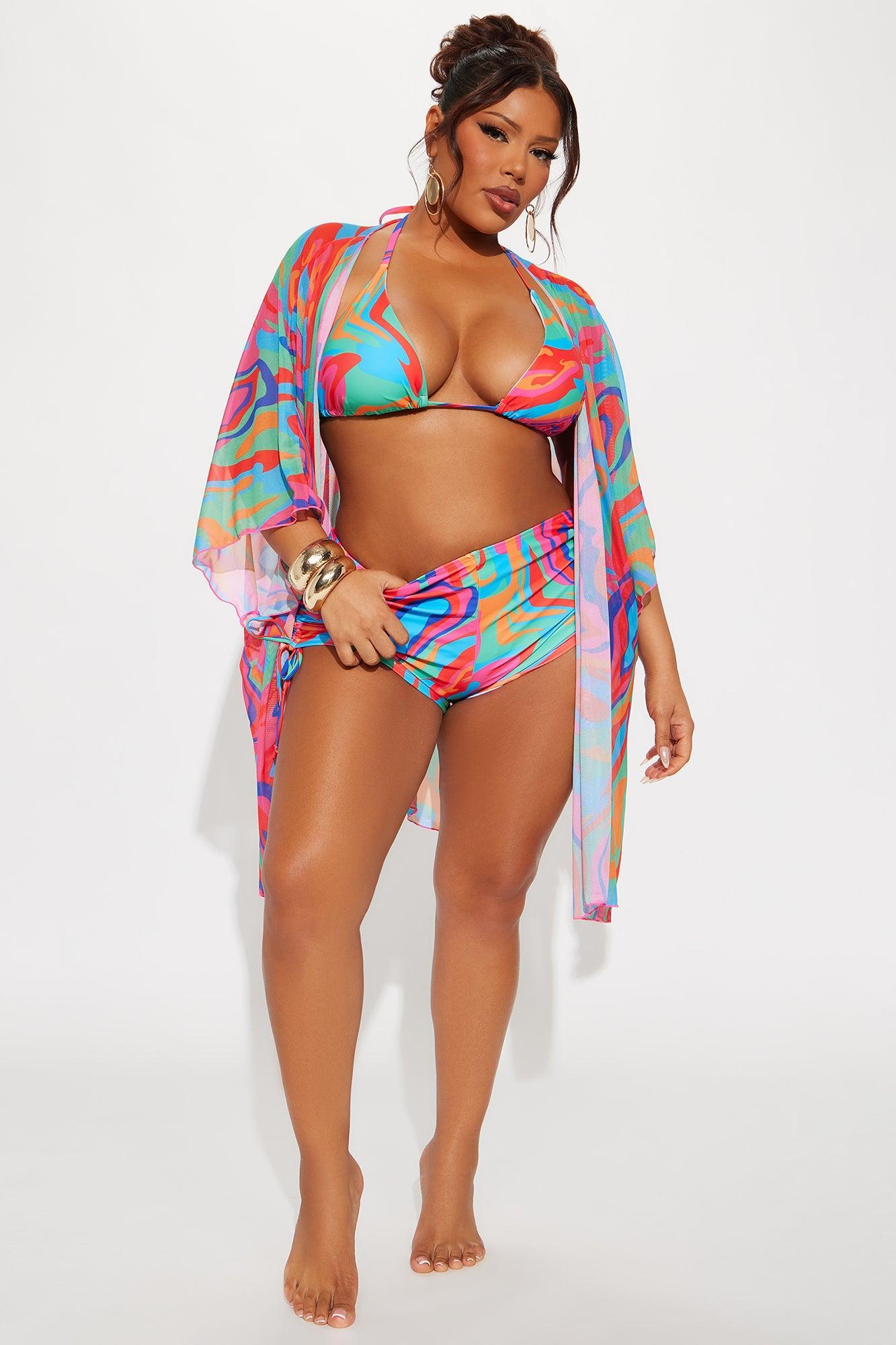 Kairi Ruched Boyshort & Kimono 3 Piece Bikini Set - Multi Color Product Image
