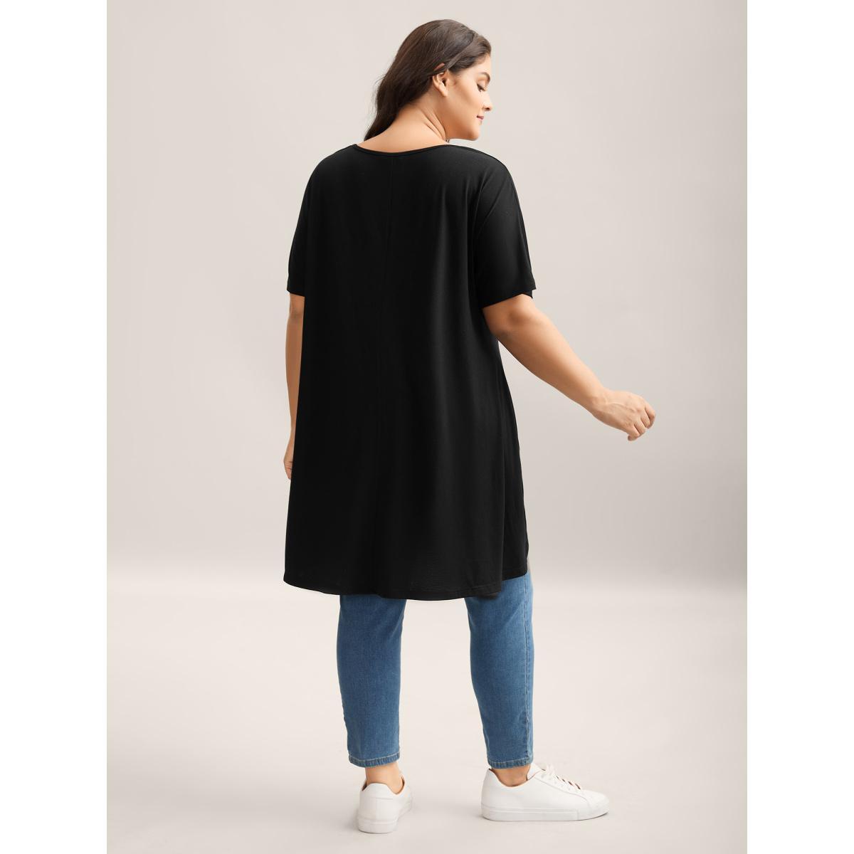 Plus Size Supersoft Stretchy High-Low Hem T-Shirt Black Women Leisure Non Round Neck Loose Casual T-shirts BloomChic 22-24/3X Product Image