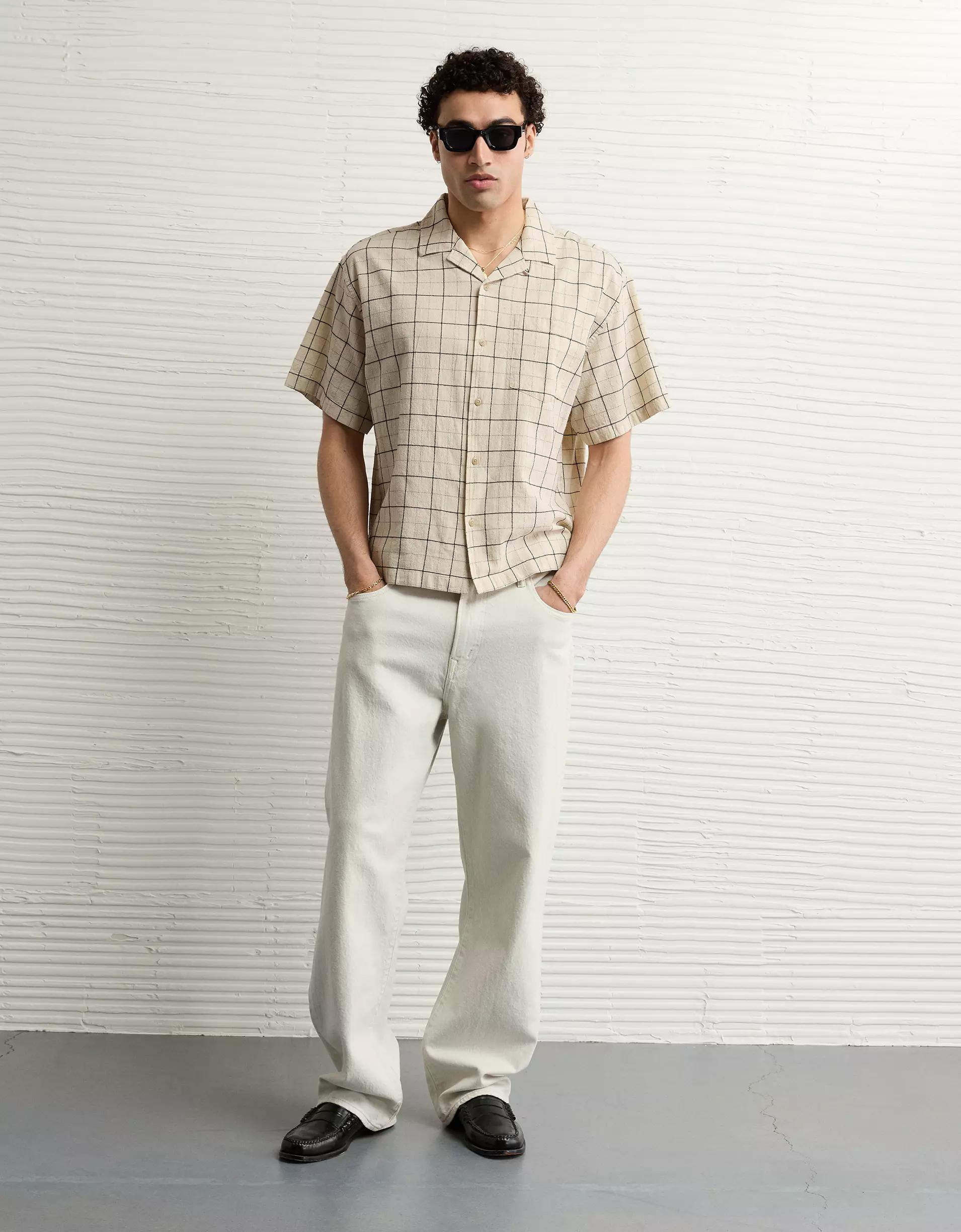 AE Poolside Linen-Blend Plaid Button-Up Shirt Product Image