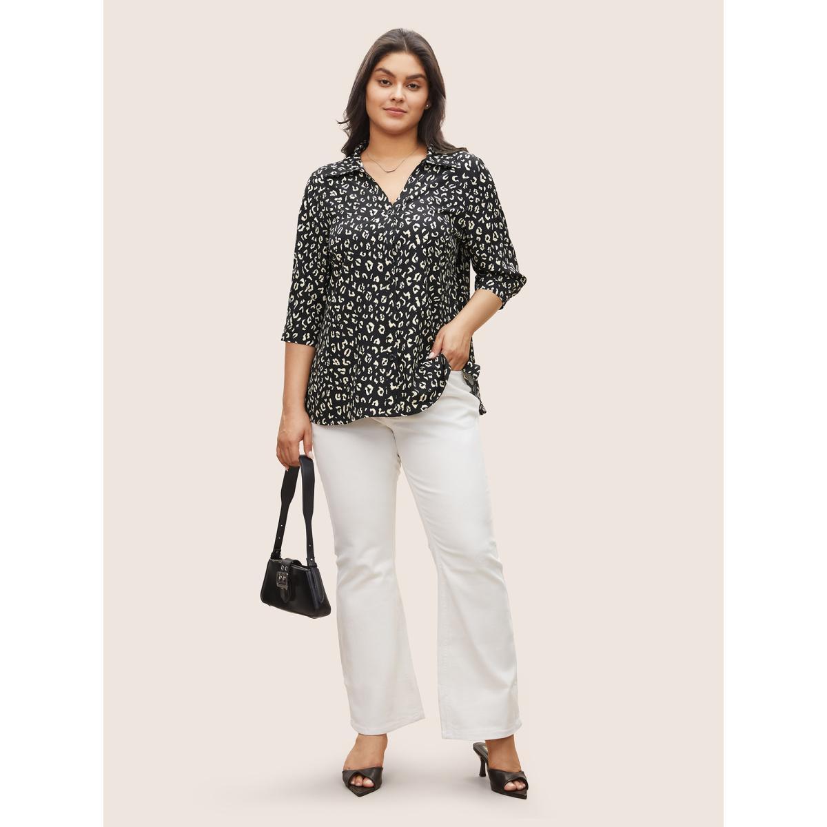 Plus Size BlackFlower Leopard Print Shirt Collar Button Up Blouse Women At the Office Elbow-length sleeve Shirt collar Work Blouses BloomChic 22-24/3X Product Image