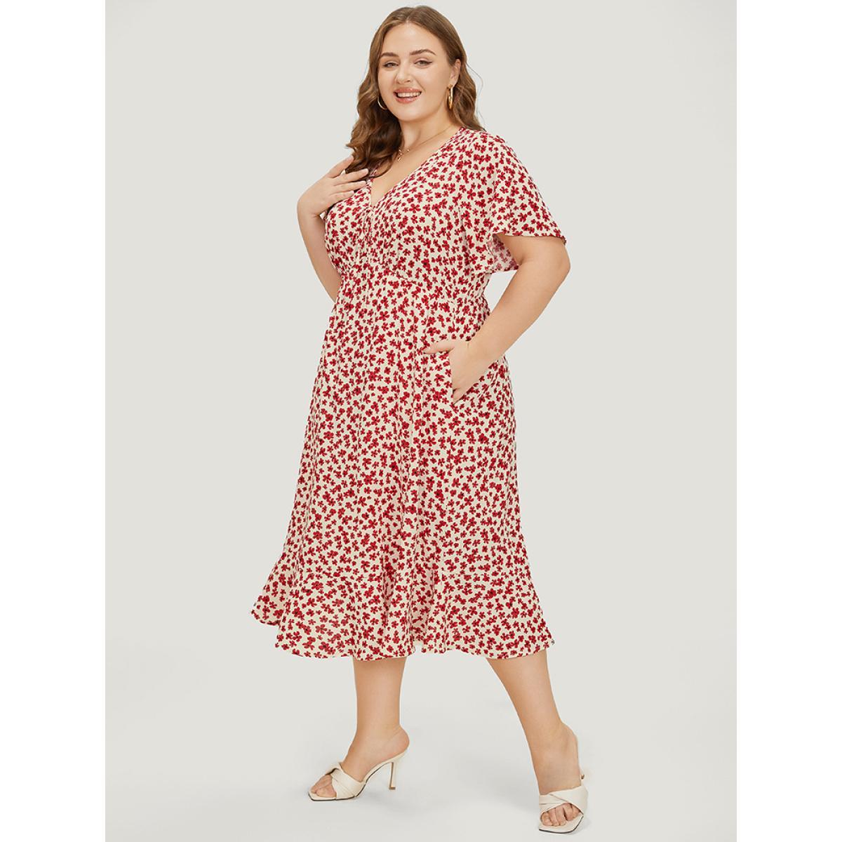 Plus Size Ditsy Floral Knot Front Pocket Ruffle Hem Dress Red Women Elegant Knotted V-neck Short sleeve Curvy Midi Dress BloomChic 30/6X Product Image