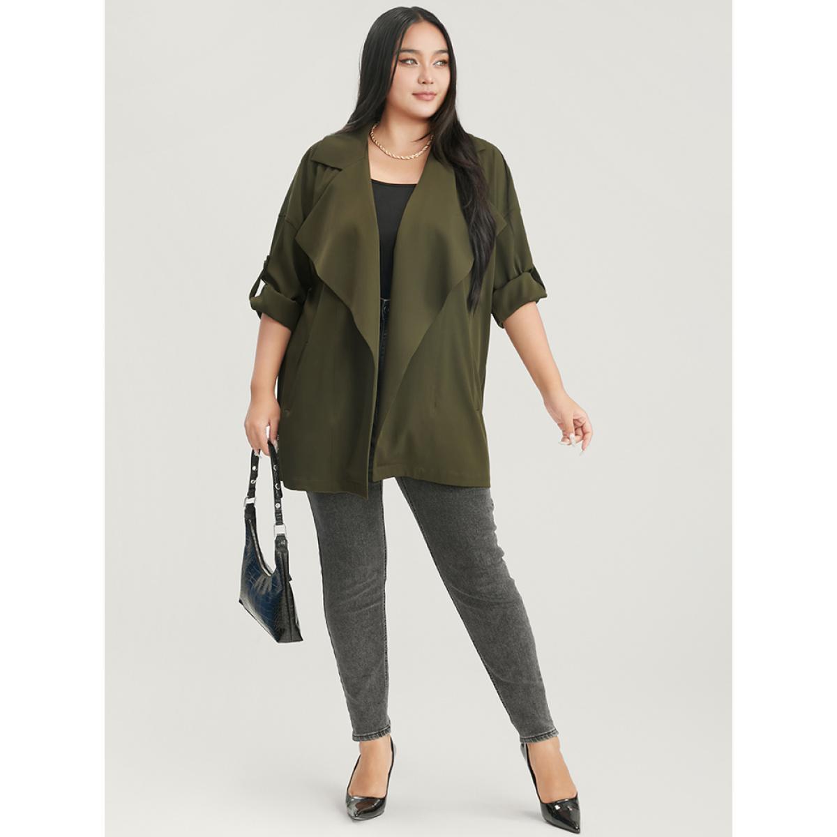 Plus Size Solid Pocket Roll Sleeve Waterfall Collar Coat Women ArmyGreen Casual Pocket Ladies Dailywear Winter Coats BloomChic 30/6X Product Image