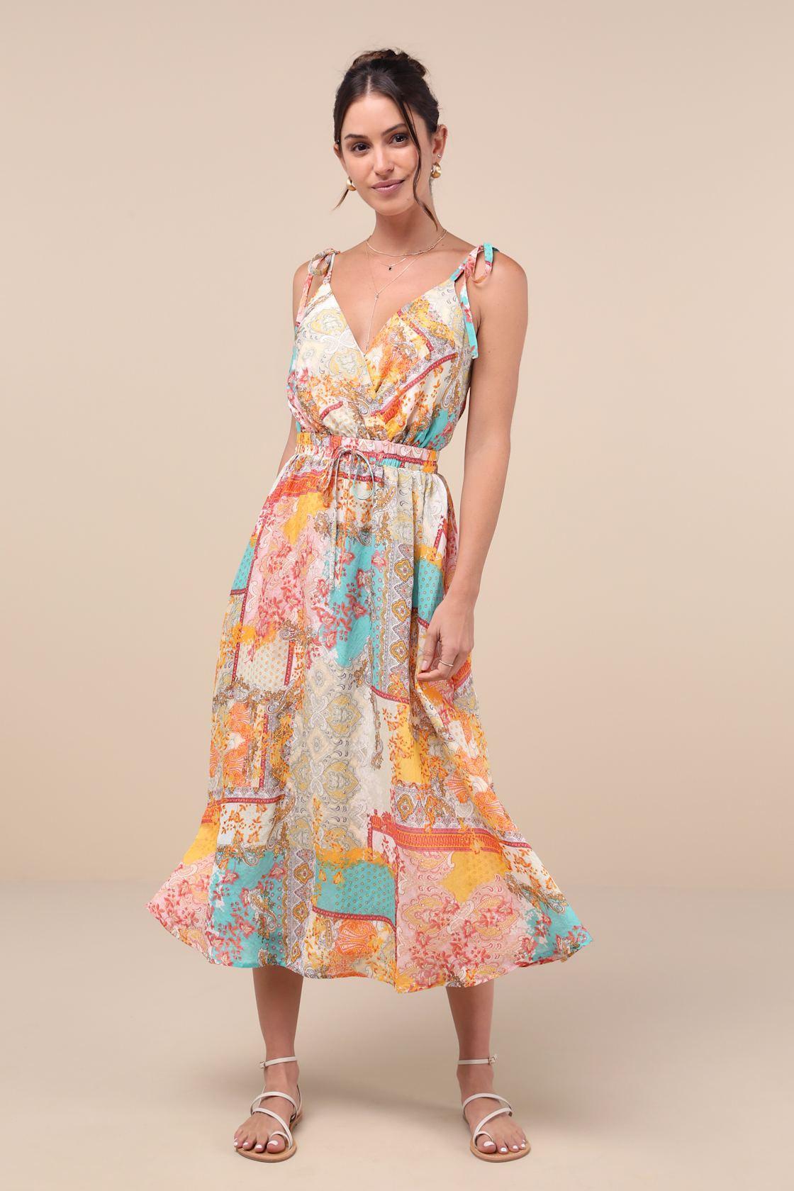 Charming Cuteness Multi Paisley Print Tie-Strap Midi Dress Product Image