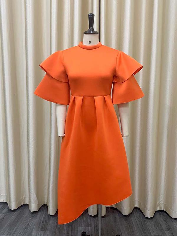 Original Loose Half Sleeves Falbala Solid Color Round-Neck Midi Dresses Product Image