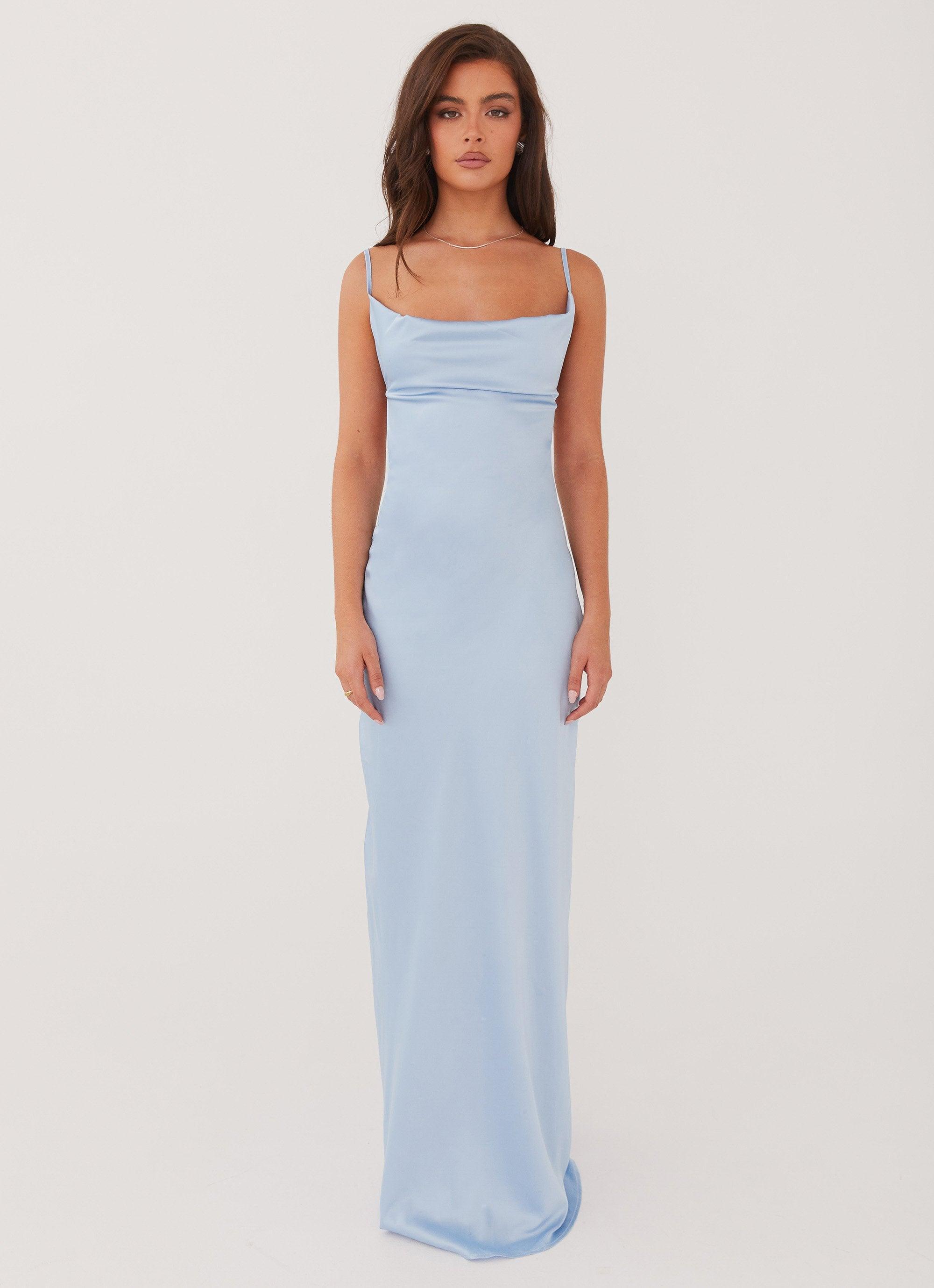 Coastal Escape Satin Maxi Dress - Ice Blue Product Image