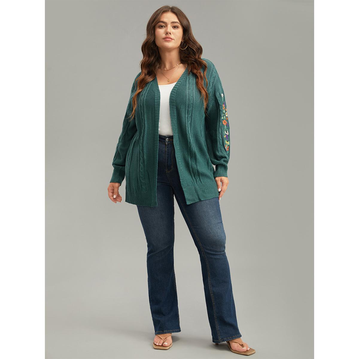 Plus Size Floral Embroidered Cable Knit Lantern Sleeve Cardigan DarkGreen Women Casual Loose Long Sleeve Dailywear Cardigans BloomChic 26/4X Product Image