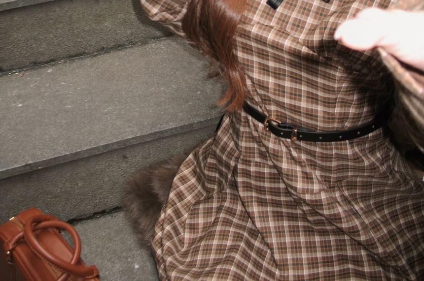 Long-Sleeve Contrast Collar Plaid Bow Mini A-Line Dress / Plain Fluffy Jacket / Belt Product Image