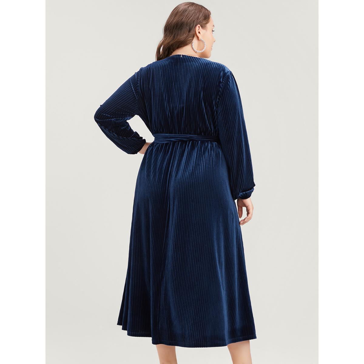 Plus Size Striped Velvet Pocket Lantern Sleeve Belted Wrap Dress DarkBlue Women Glamour Pocket V-neck Long Sleeve Curvy Midi Dress BloomChic 22-24/3X Product Image