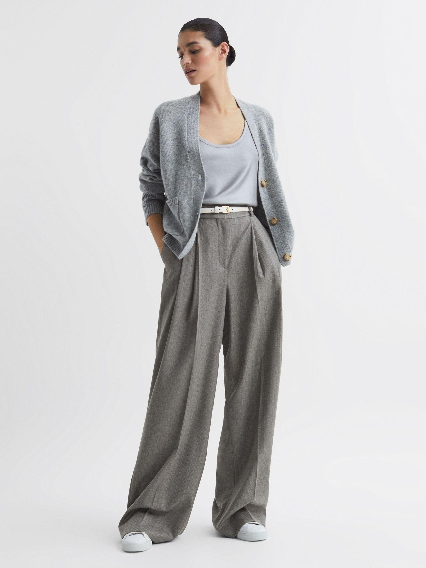 Wool Blend Pinstripe Wide Leg Trousers in Grey Product Image