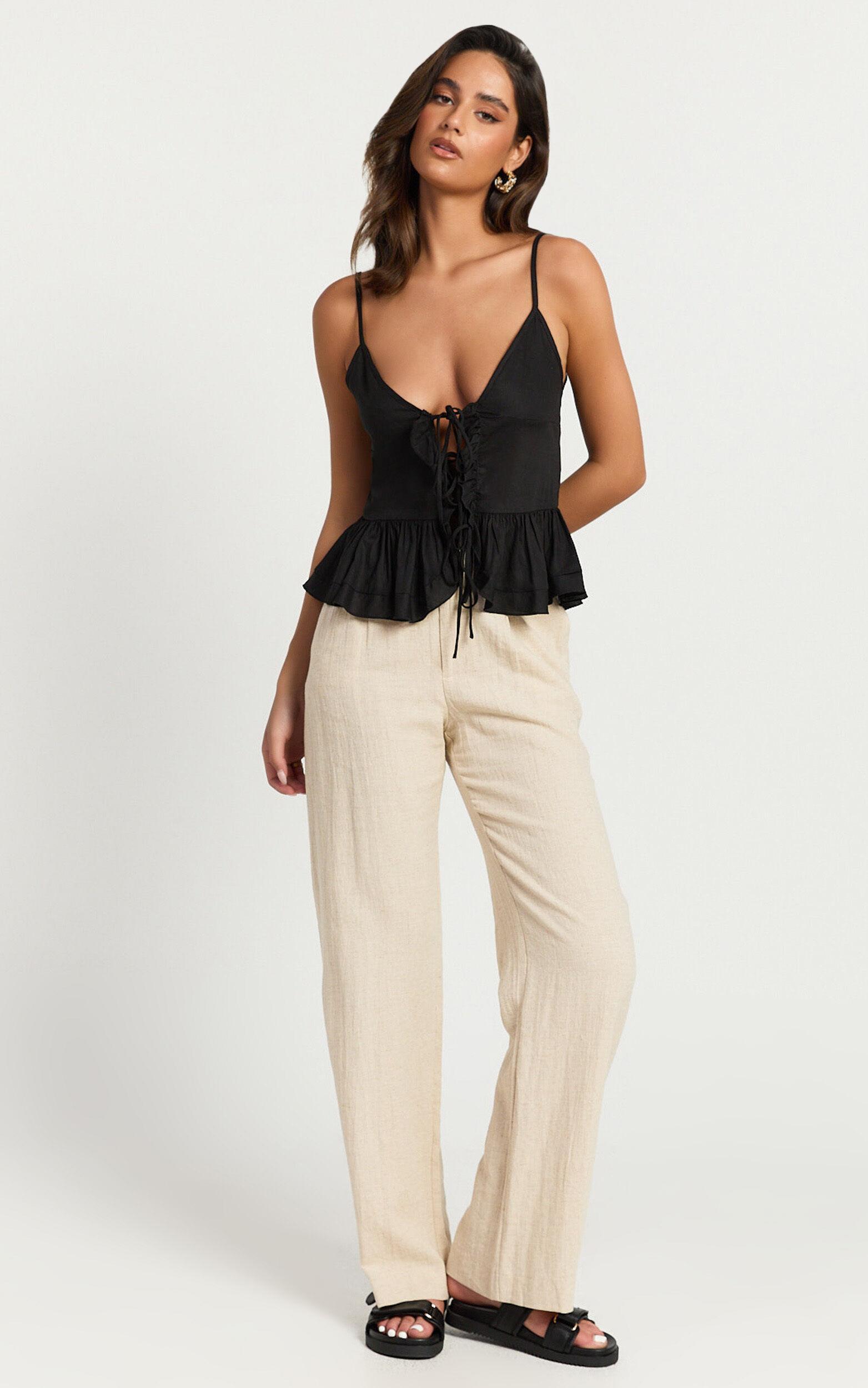 Maya Top - Linen Tie Front Ruffle Hem Top in Black Product Image