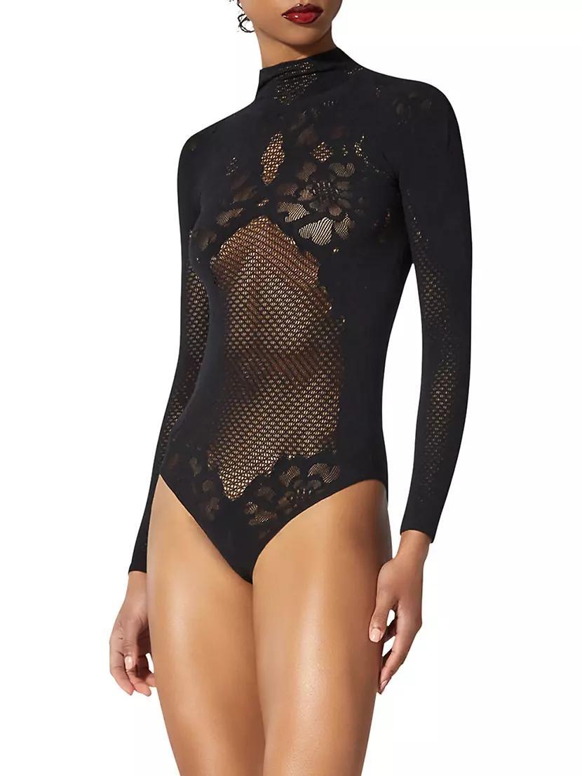 Floral Lace Fishnet Mock-Turtleneck Bodysuit Product Image