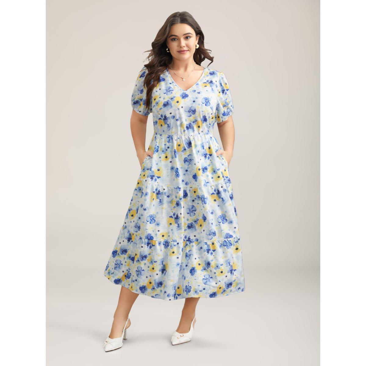 Plus Size Blooming Flowers Puff Sleeve Stretchy-Waist Dress LightBlue Women Elegant Non V-neck Short sleeve Curvy BloomChic 14-16/1X Product Image