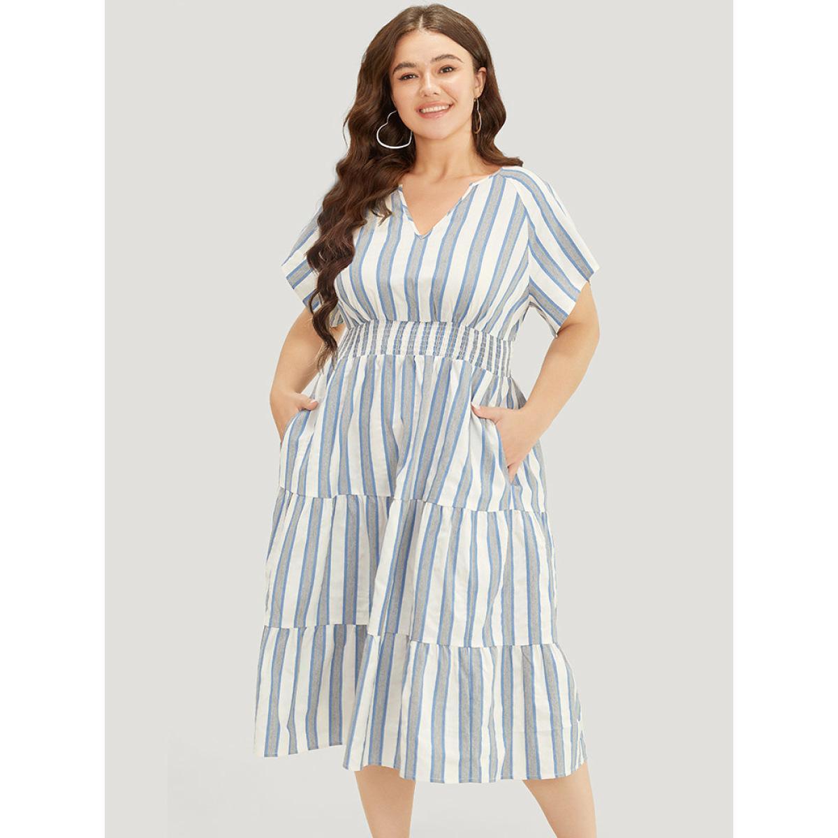 Plus Size Striped Contrast Pocket Shirred Flutter Tiered Dress Blue Women Resort Non V-neck Short sleeve Curvy Midi Dress BloomChic 10/M Product Image