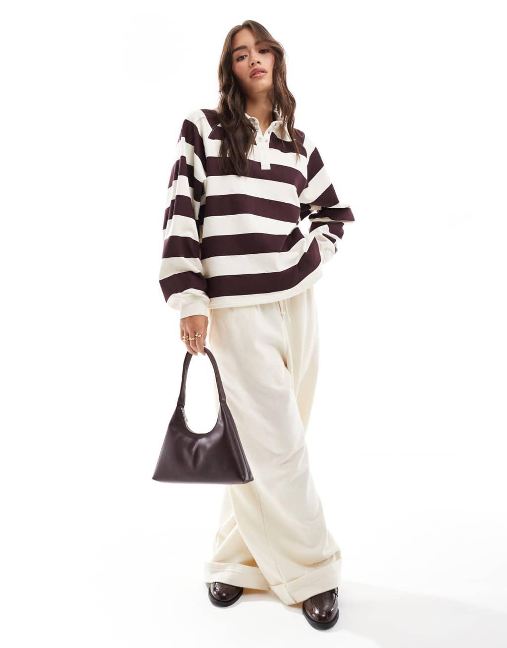 Cotton On button down lounge pullover sweatshirt in burgundy stripe Product Image