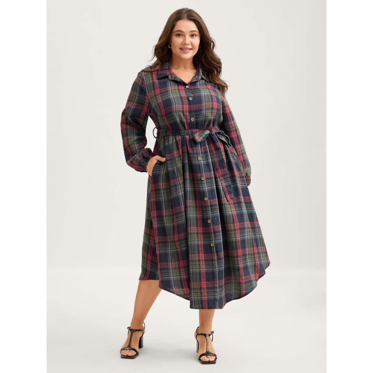 Plus Size Plaid Button Detail Pocket Belted Arc Hem Dress DarkBlue Women Leisure Pocket Shirt collar Long Sleeve Curvy Midi Dress BloomChic 28/5X Product Image