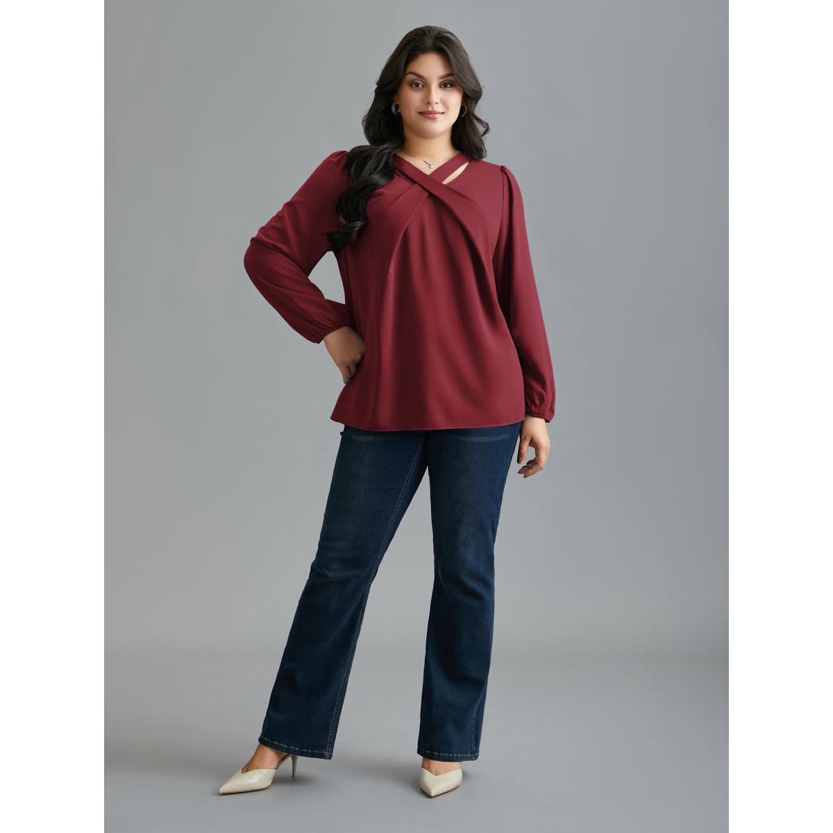 Plus Size Burgundy Criss Cross Neckline Puff Sleeve Gathered Blouse Women Elegant Long Sleeve Asymmetrical Neck Everyday Blouses BloomChic 26/4X Product Image
