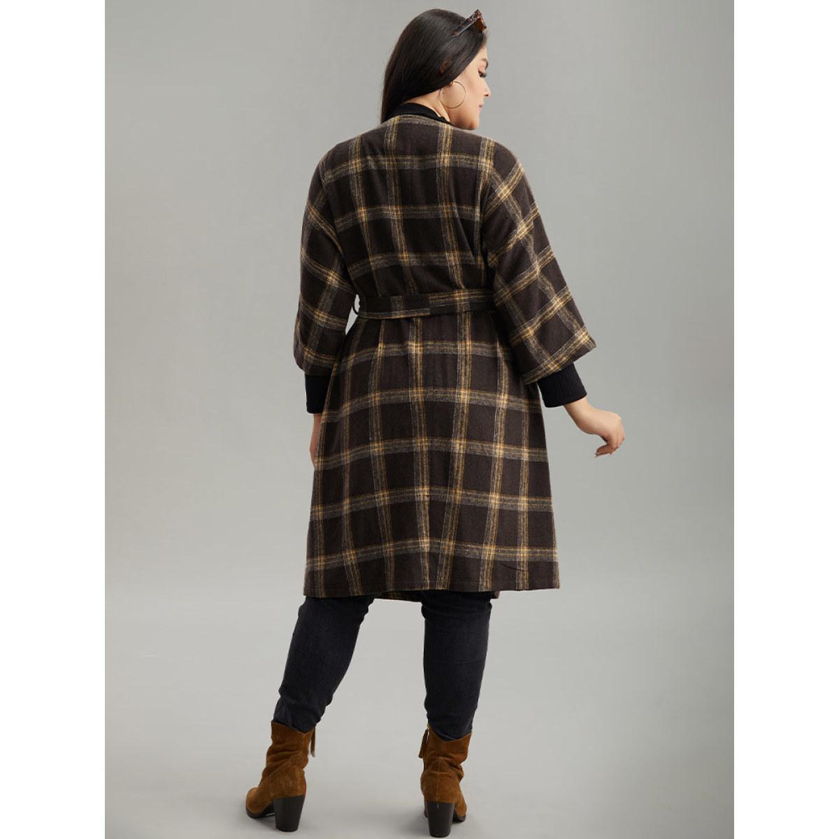 Plus Size Plaid Asymmetrical Neck Dolman Sleeve Belted Coat Women DarkBrown Elegant Belted Ladies Dailywear Winter Coats BloomChic 10/M Product Image
