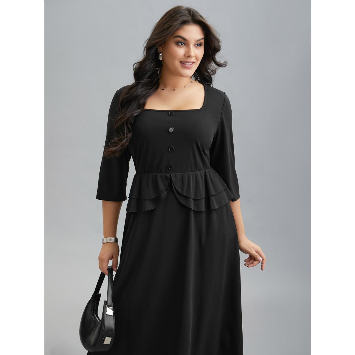 Plus Size Ruffle Trim Button Front Midi Dress Black Women At the Office Button Square Neck Elbow-length sleeve Curvy BloomChic 14-16/1X Product Image