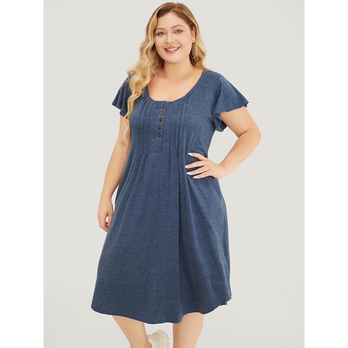 Plus Size Plain Pleated Ruffle Sleeve Pocket Button Up Curved Hem Dress Stone Women Casual Arc Hem Round Neck Cap Sleeve Curvy Midi Dress BloomChic 28/5X Product Image