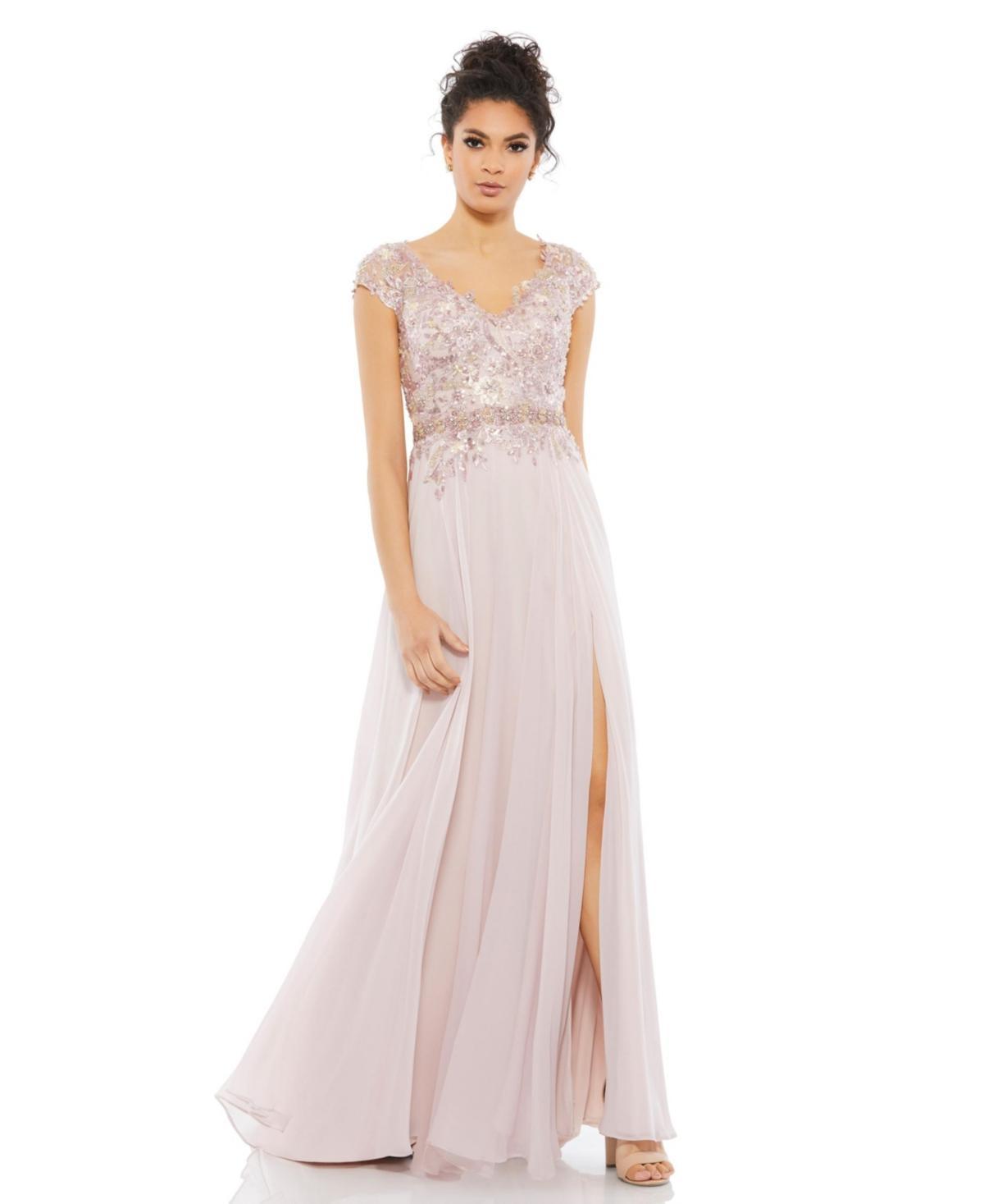 Womens Embellished Chiffon Cap-Sleeve Gown Product Image