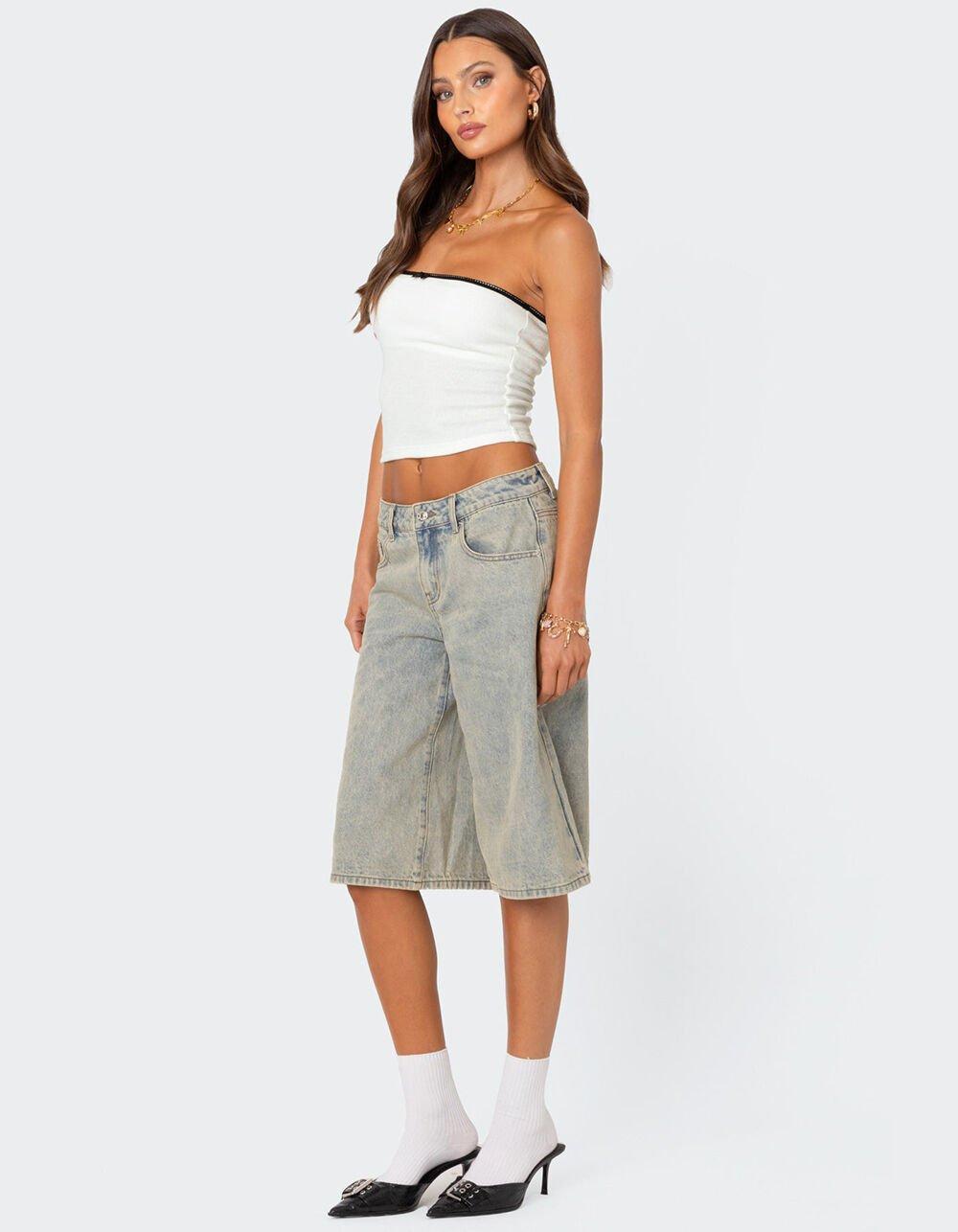 EDIKTED Xtra Long Acid Wash Denim Bermuda Shorts Product Image