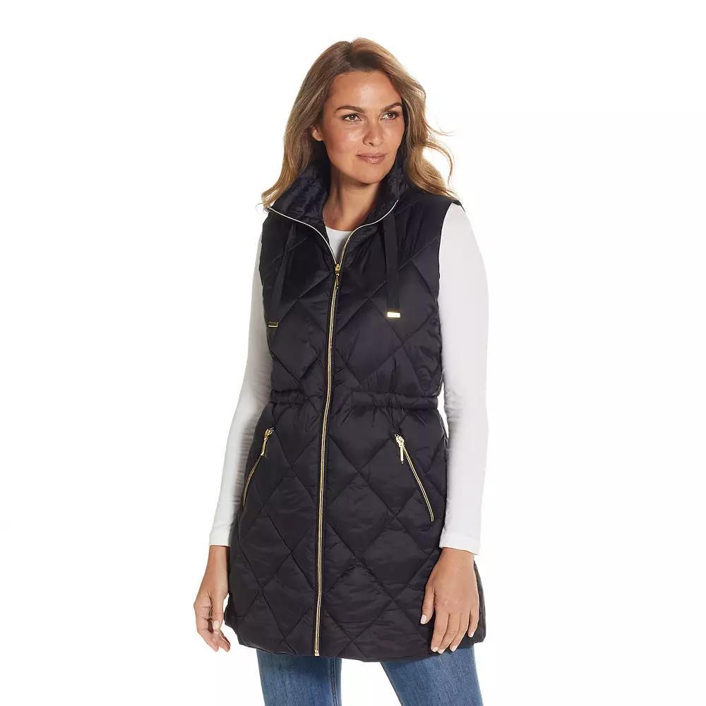 Women's Weathercast Diamond Quilted Puffer Longline Vest with Cinched Waist, Size: XL, Black Product Image