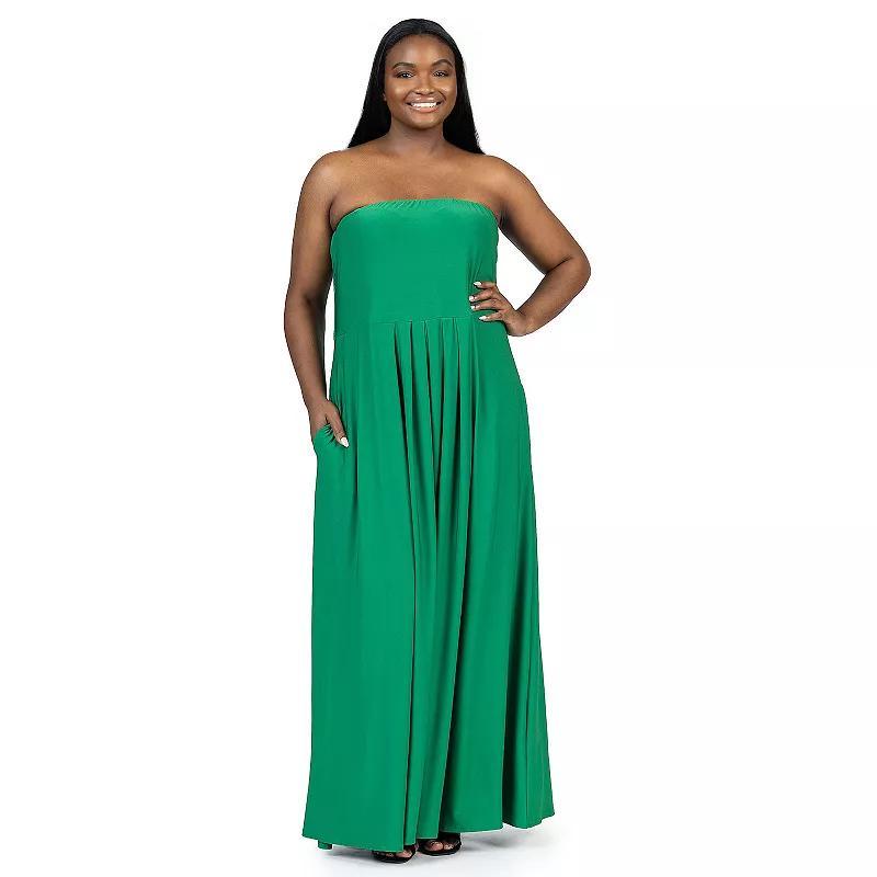 Plus Size 24Seven Comfort Apparel Pleated A Line Strapless Maxi Dress With Pockets, Womens Blue Product Image