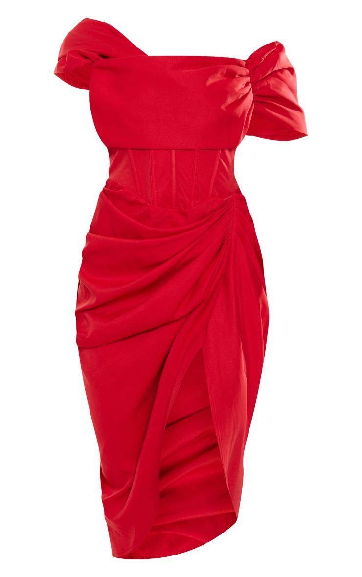 Red Corset Bardot Draped Midi Dress Product Image