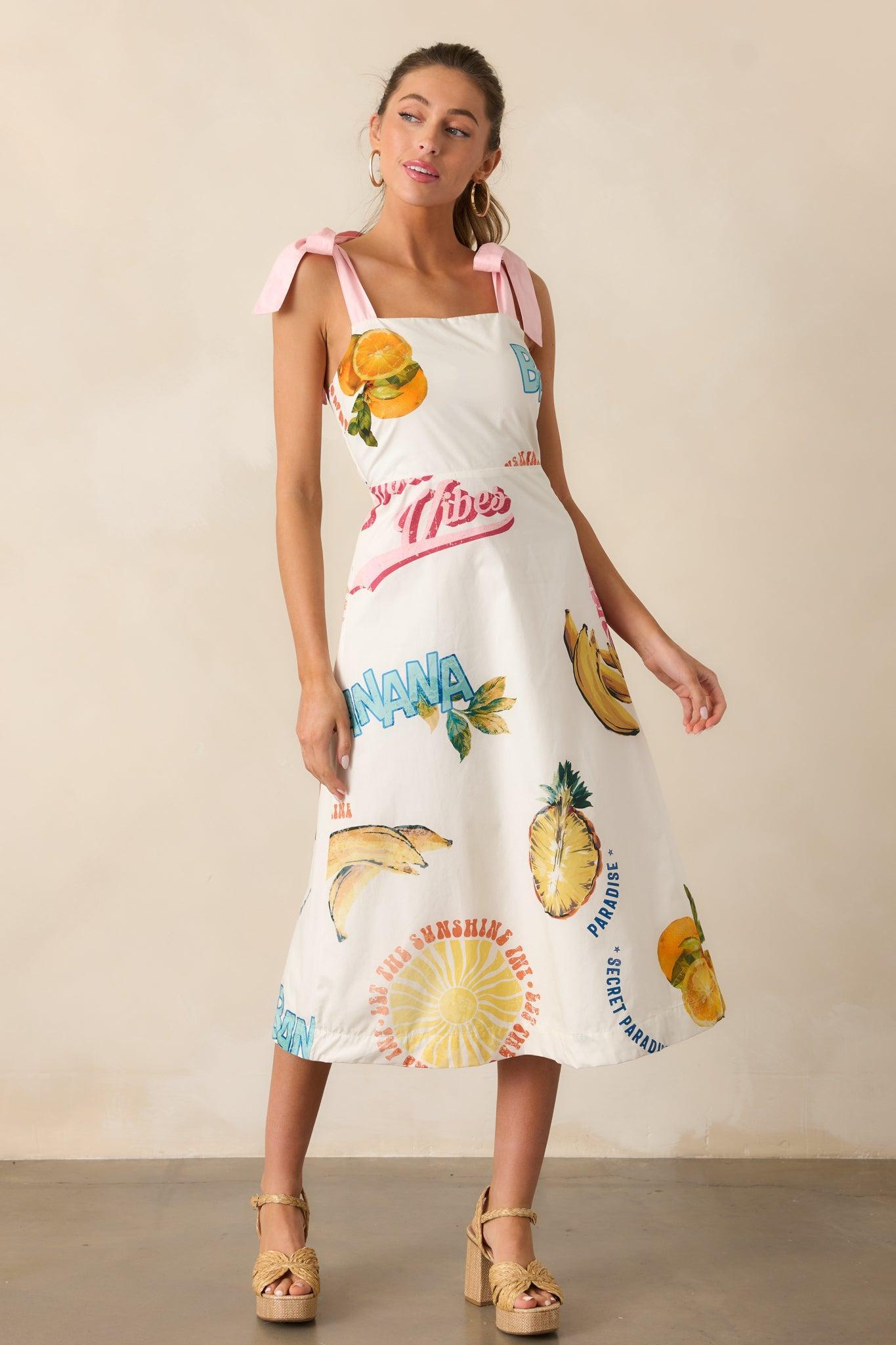 Take A Chance Cotton Ivory Tropical Fruit Print Midi Dress Product Image