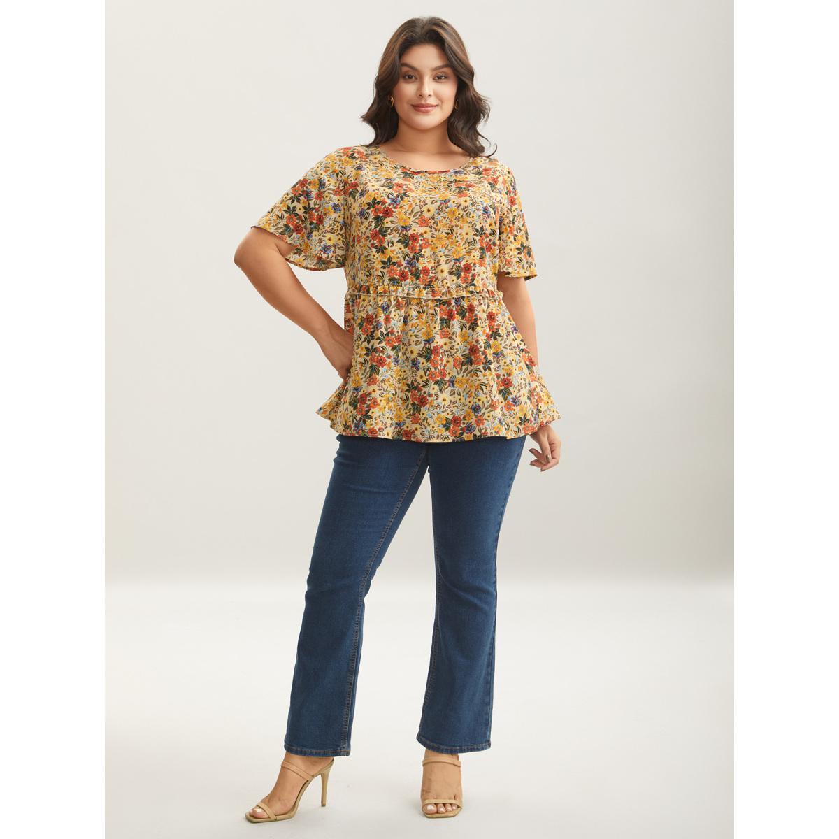 Plus Size Beige Floral Ruffled Round Neck Shirt Women Timeless Short sleeve Round Neck Elegant Blouses BloomChic 14-16/1X Product Image