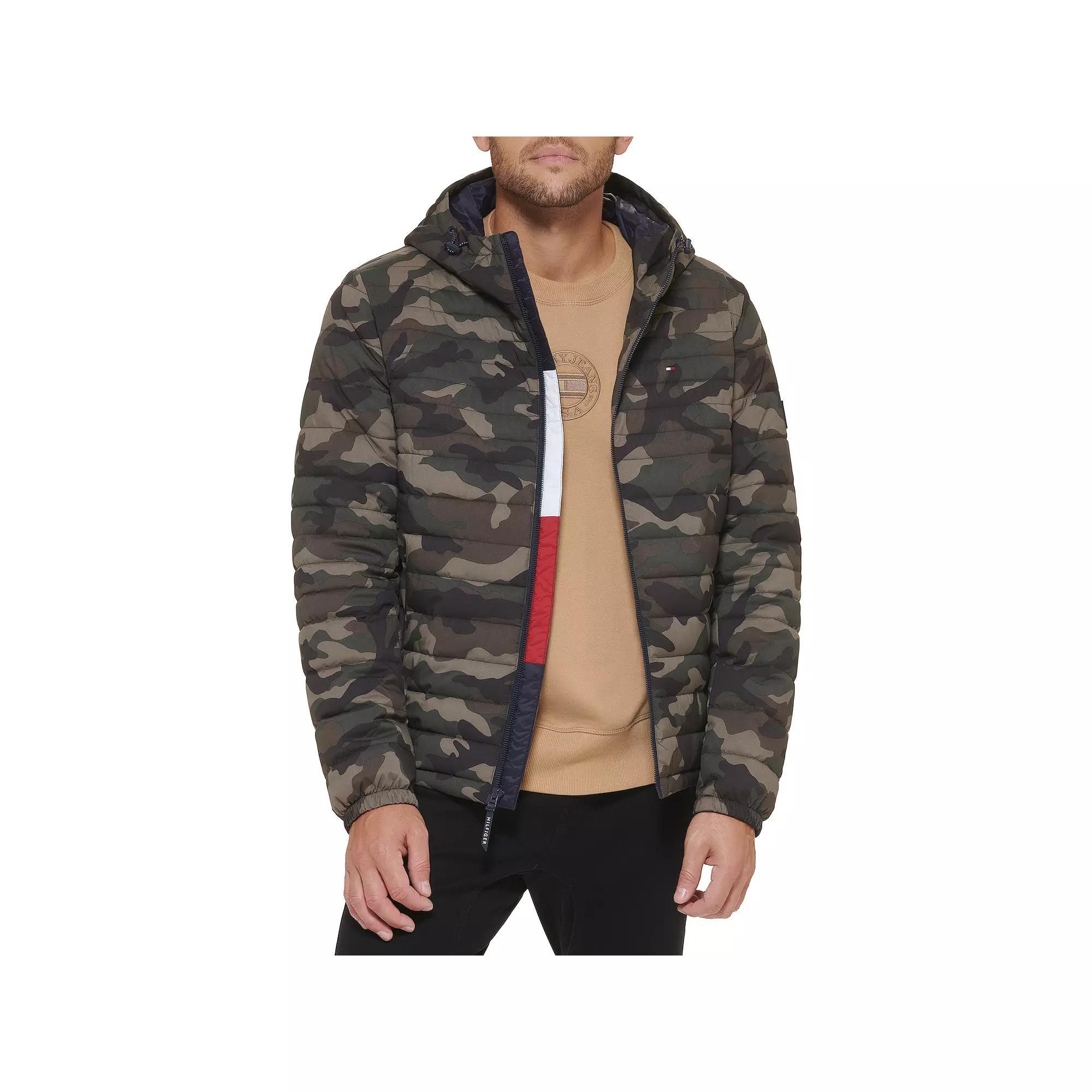 Men's Tommy Hilfiger Hooded Puffer Jacket, Size: XXL, Beige White Camoflauge Product Image