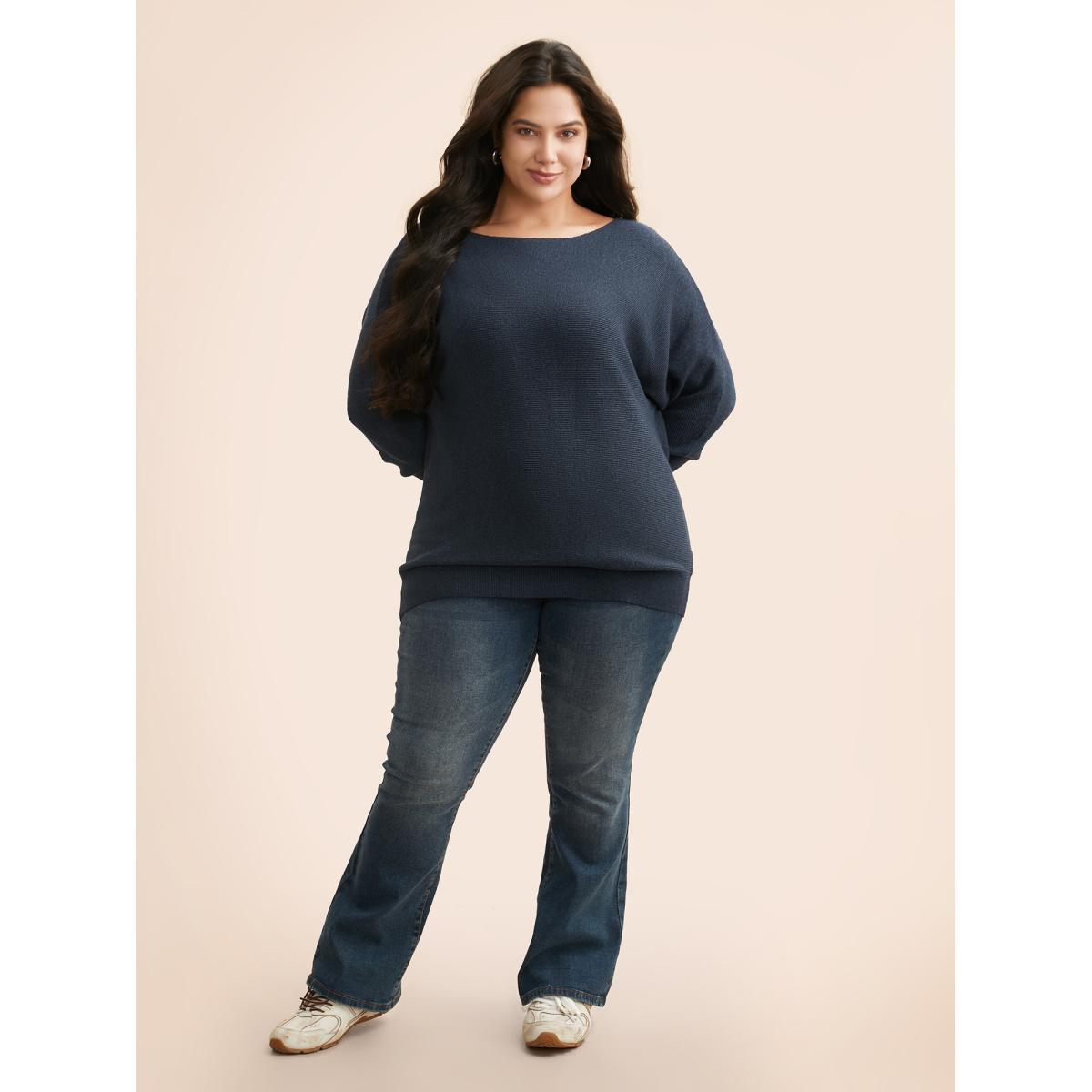 Plus Size Supersoft Dolman Sleeve Pullover Indigo Women Casual Loose Long Sleeve Boat Neck Everyday Pullovers BloomChic 10/M Product Image