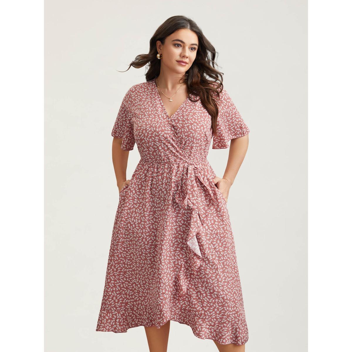 Plus Size Ditsy Floral Print Stretchy-Waist Ruffle Midi Dress DustyPink Women Elegant Overlapping Overlap Collar Short sleeve Curvy BloomChic 26/4X Product Image